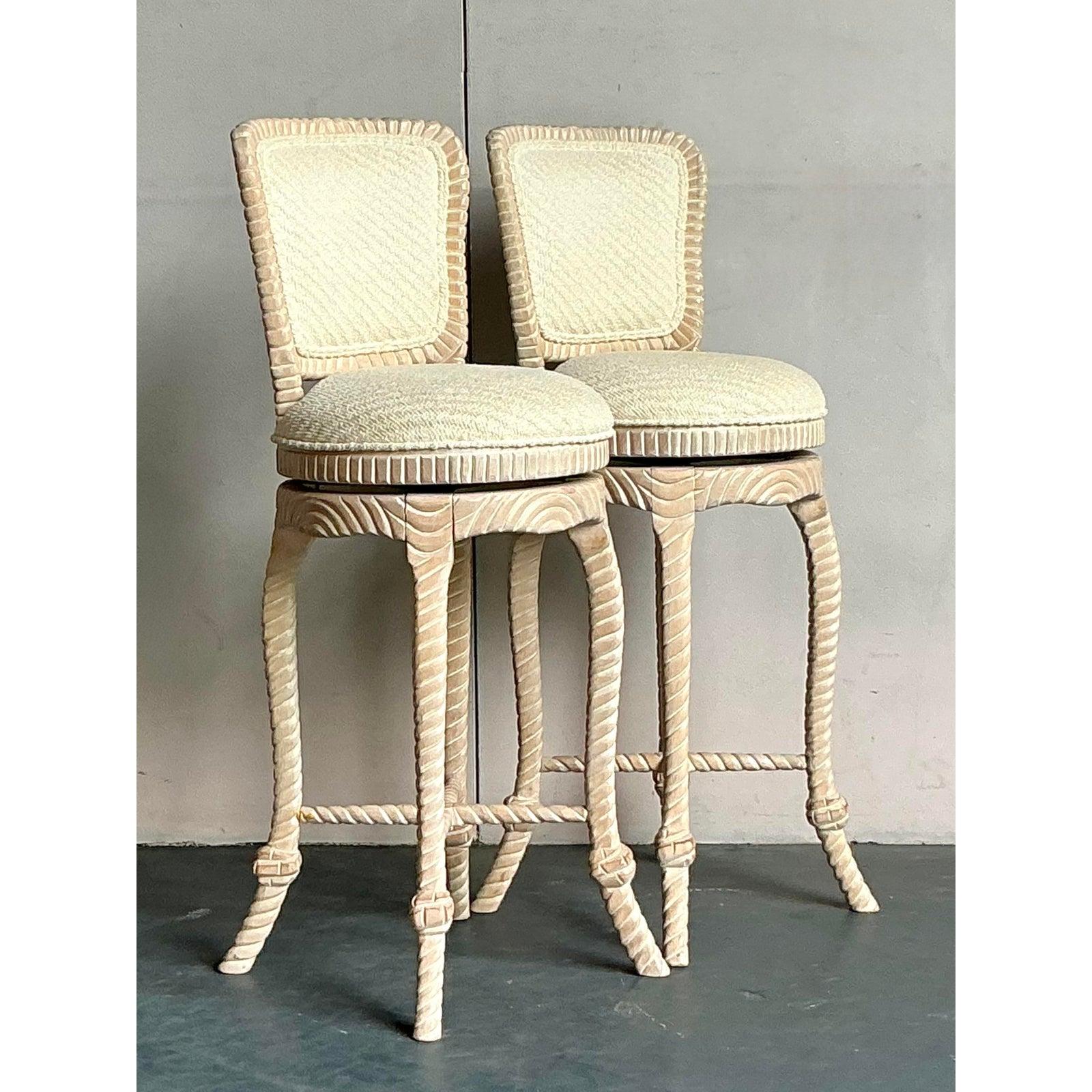 Vintage Regency Carved Rope Bar Stools - A Pair For Sale 4