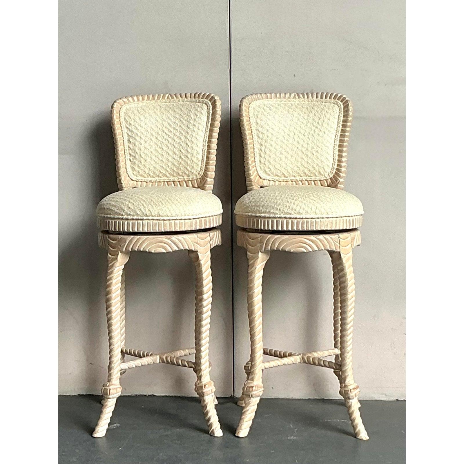 Vintage Regency Carved Rope Bar Stools - A Pair For Sale 5