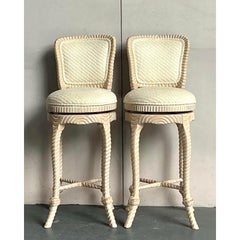 Vintage Regency Carved Rope Bar Stools - A Pair