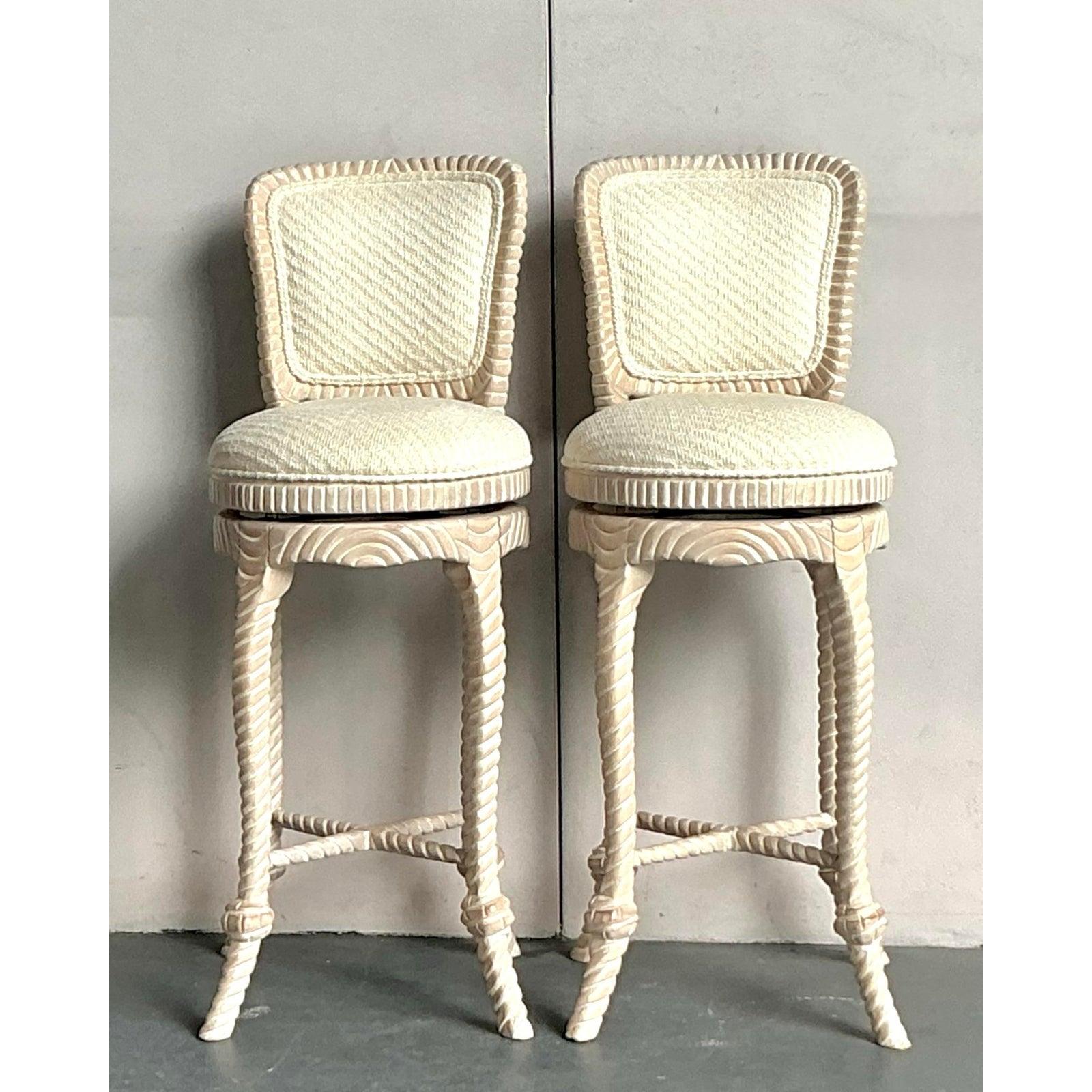 20th Century Vintage Regency Carved Rope Bar Stools - A Pair For Sale