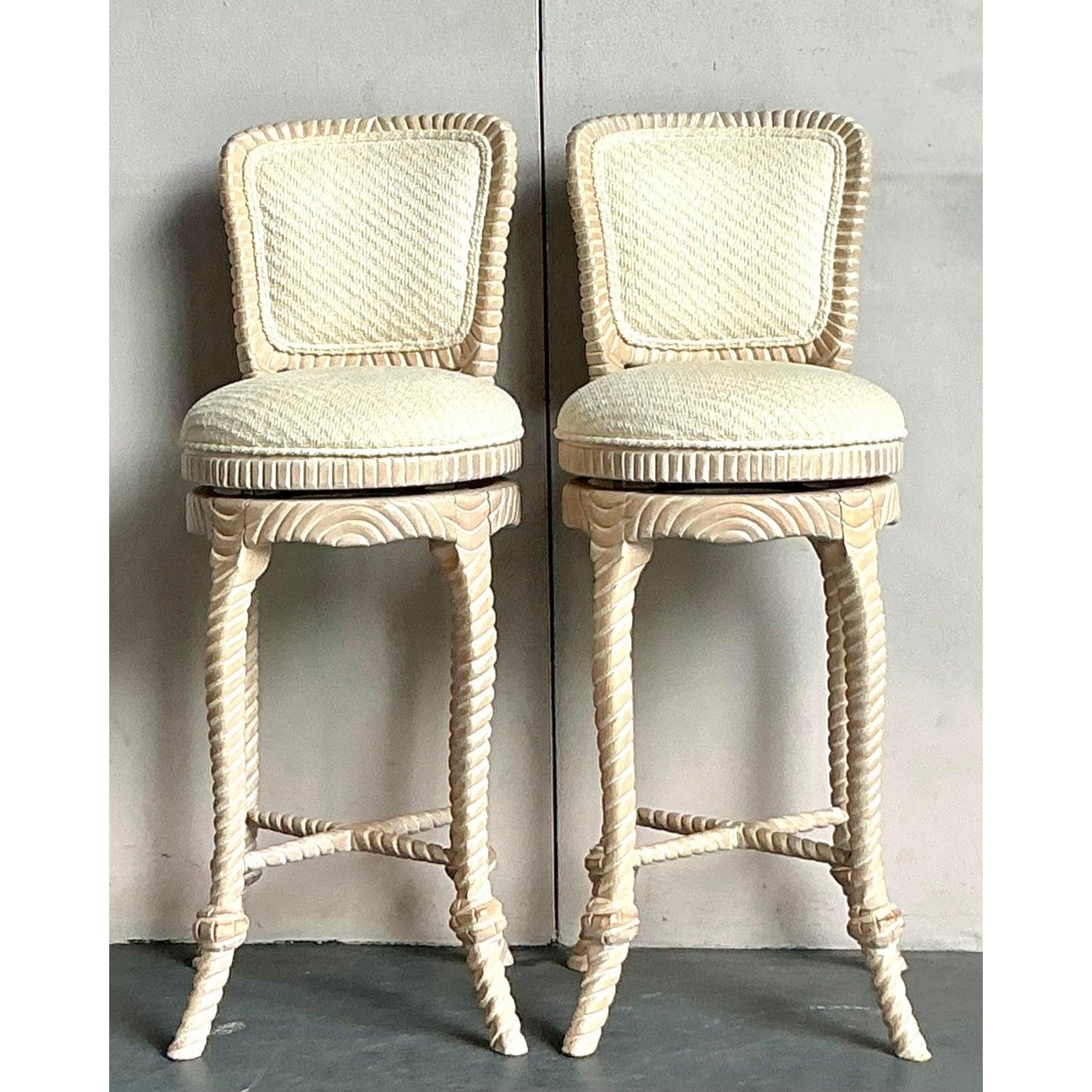 Upholstery Vintage Regency Carved Rope Bar Stools - A Pair For Sale