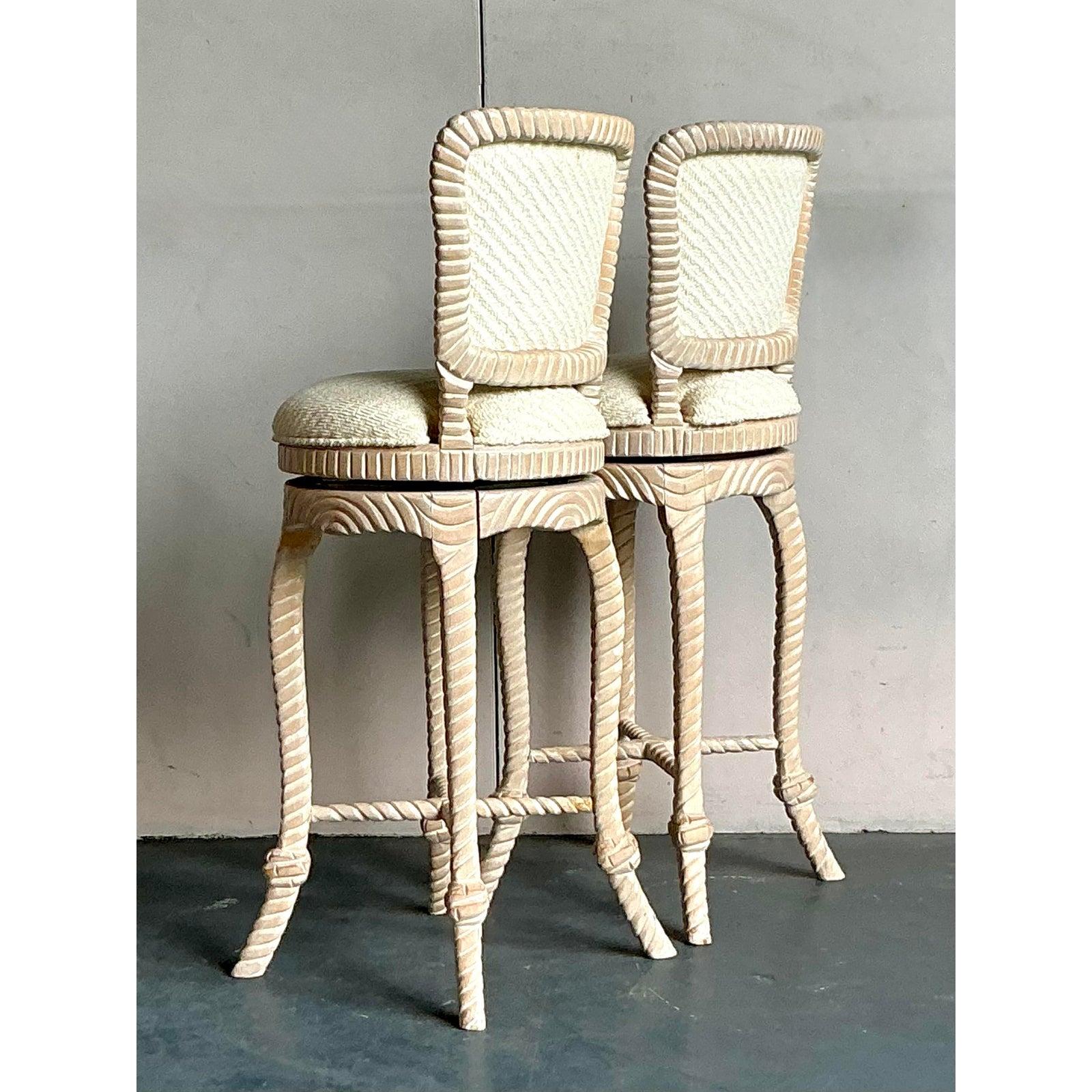 Vintage Regency Carved Rope Bar Stools - A Pair For Sale 1