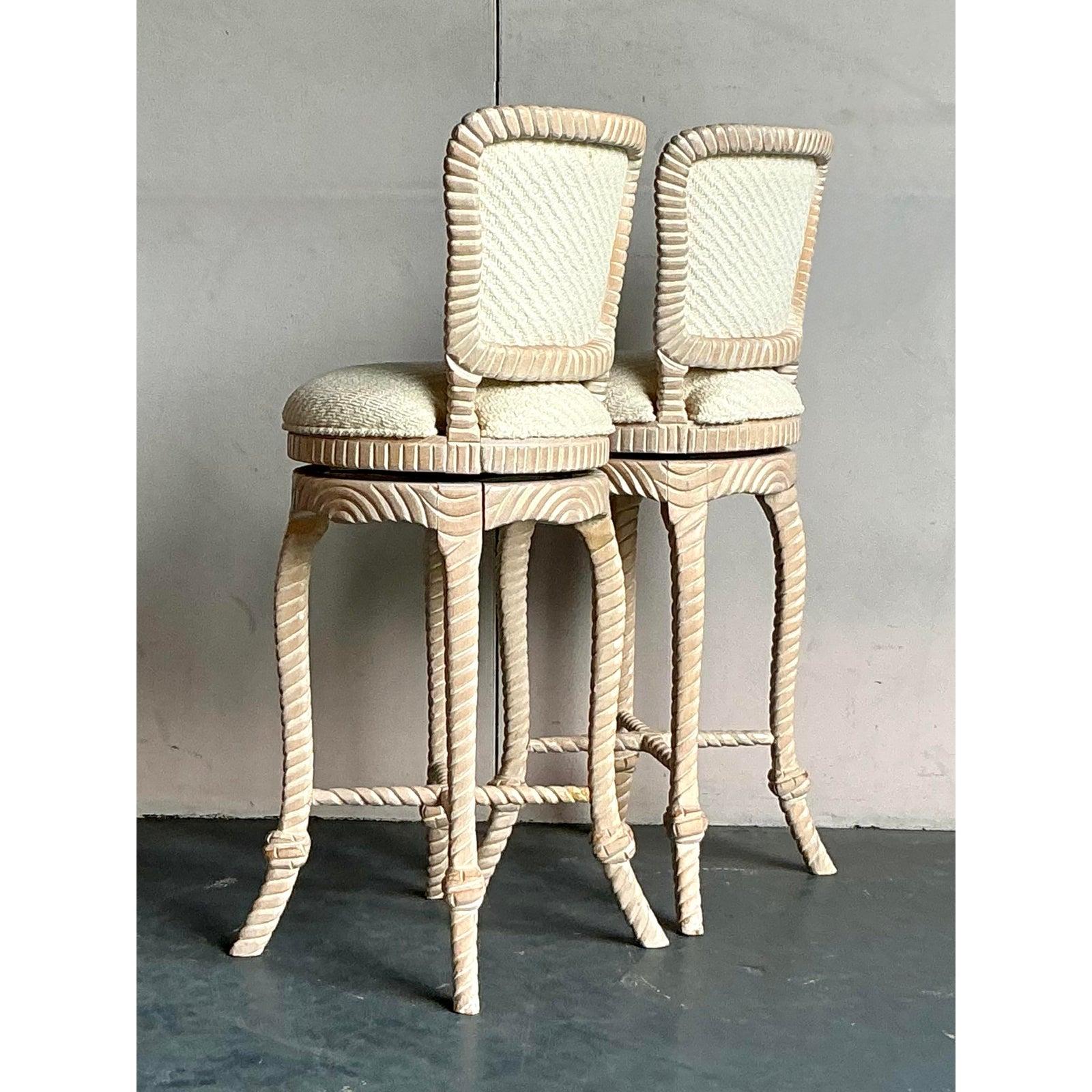 Vintage Regency Carved Rope Bar Stools - A Pair For Sale 2