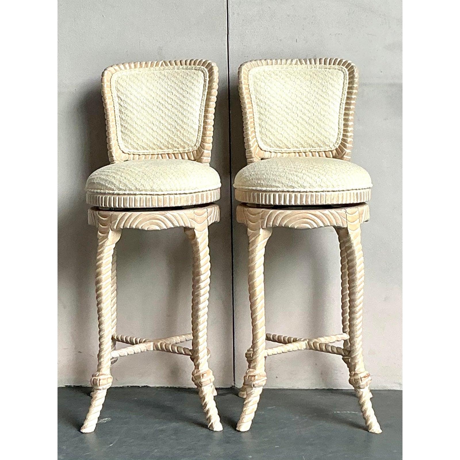 Vintage Regency Carved Rope Bar Stools - A Pair For Sale 3