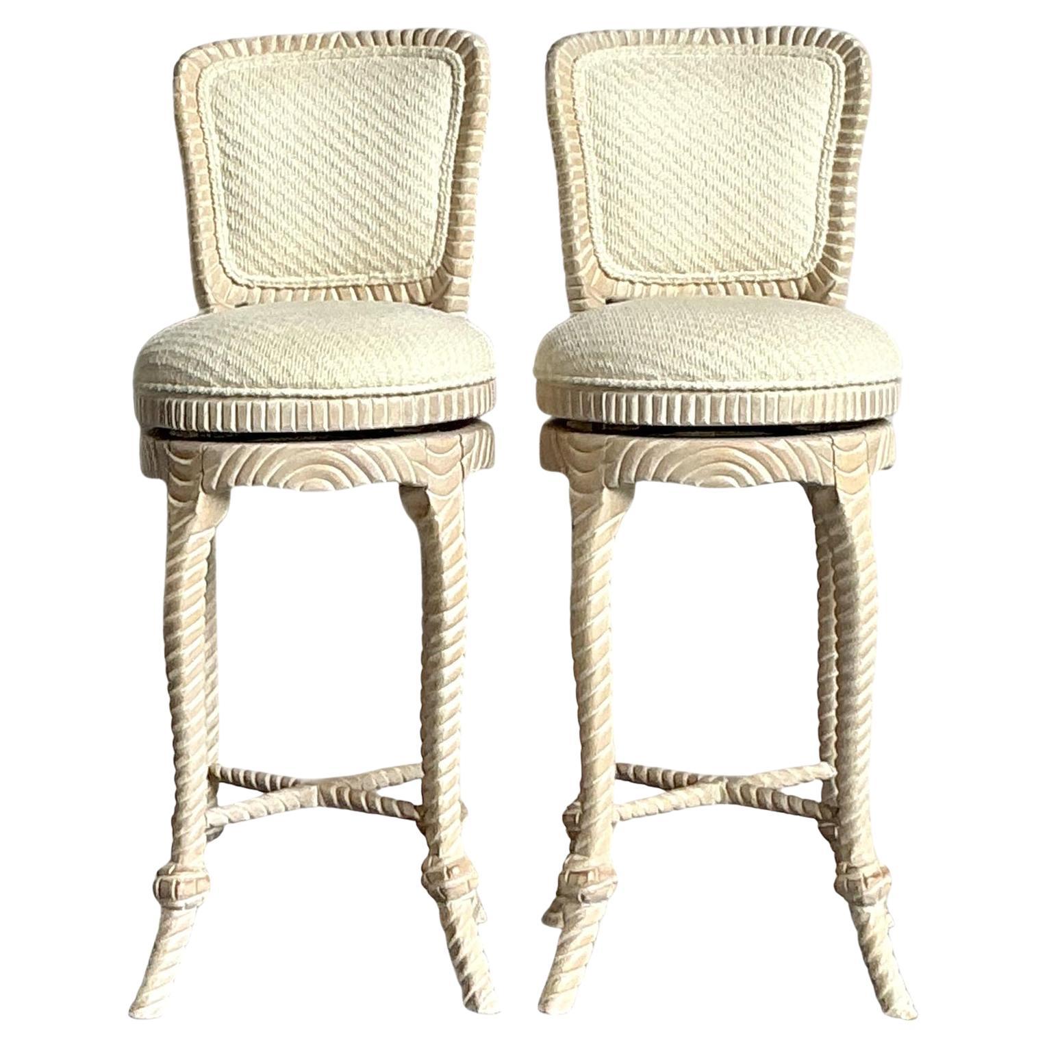 Vintage Regency Carved Rope Bar Stools - A Pair For Sale