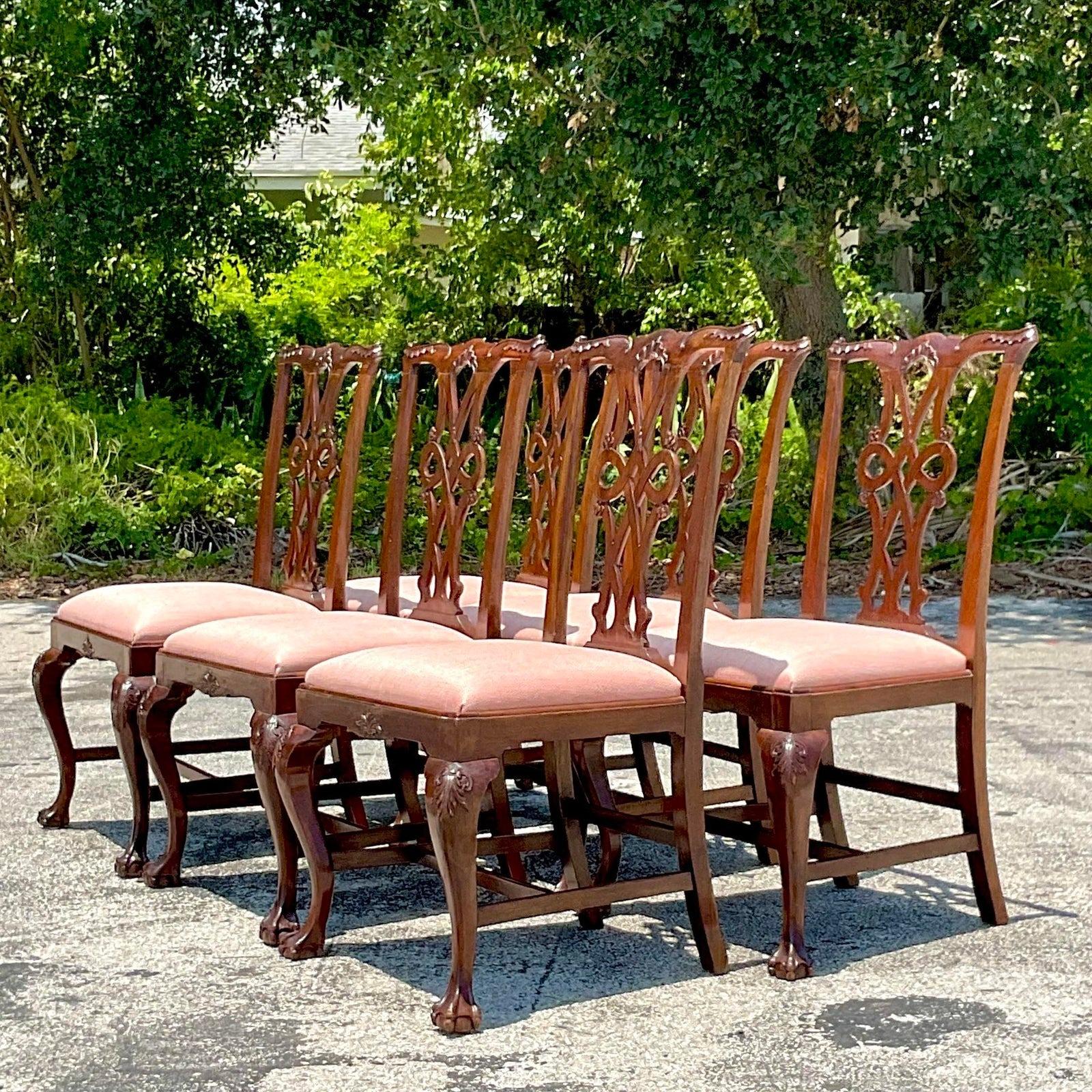 Fabric Vintage Regency Carved Ruffle Dining Chairs - Set of 6 For Sale