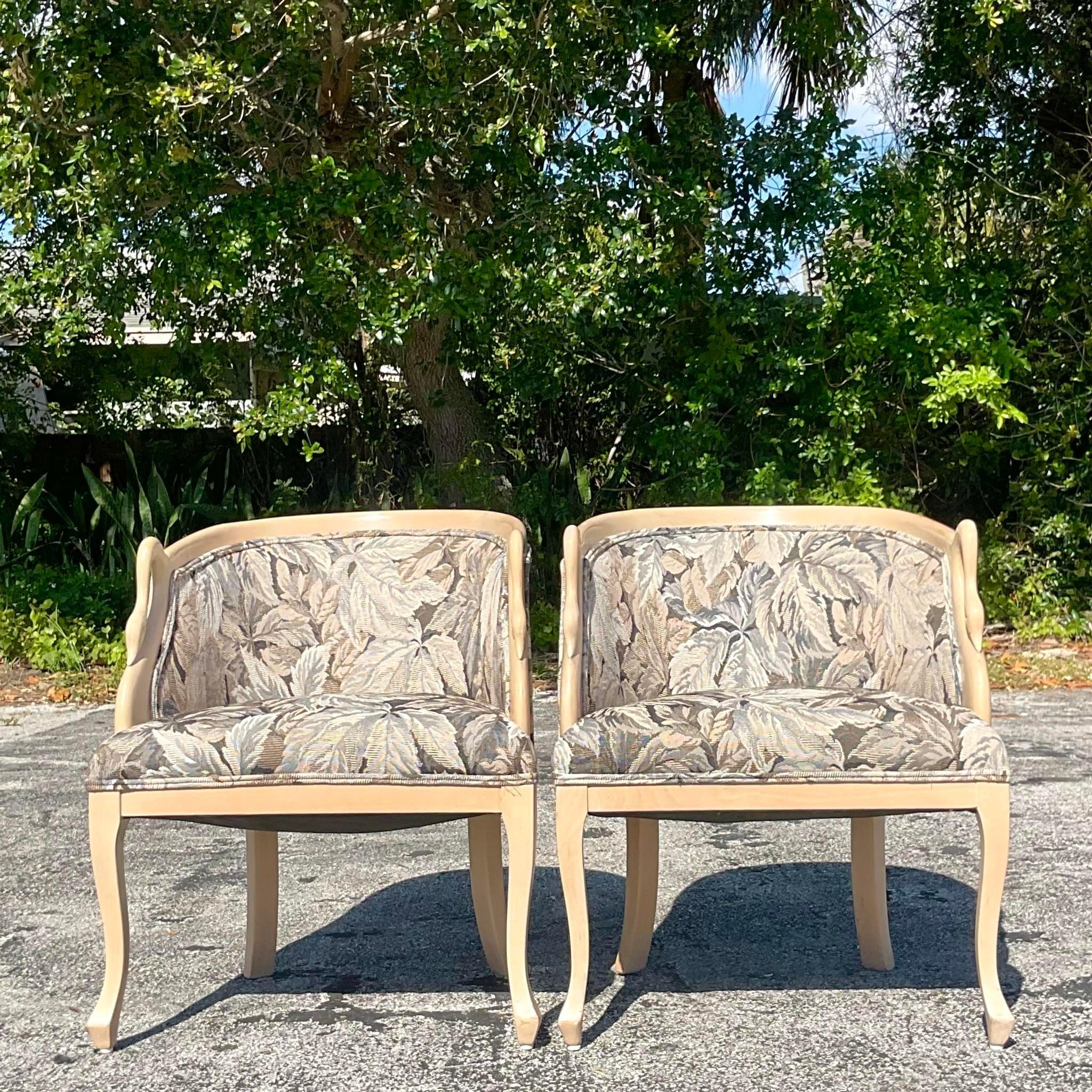 Upholstery Vintage Regency Carved Swan Head Lounge Chairs - a Pair For Sale