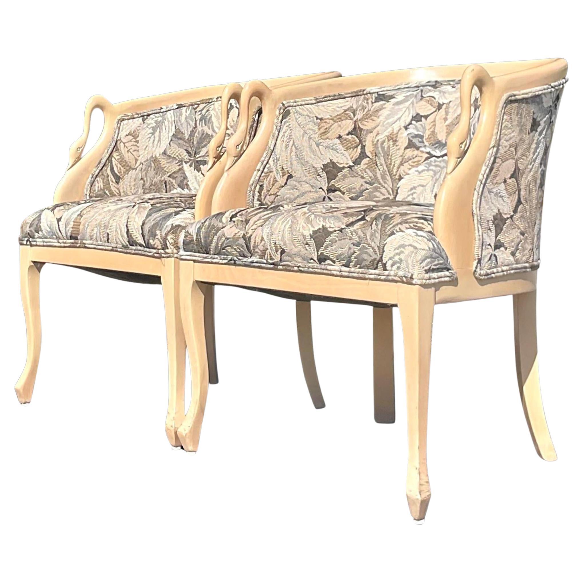 Vintage Regency Carved Swan Head Lounge Chairs - a Pair