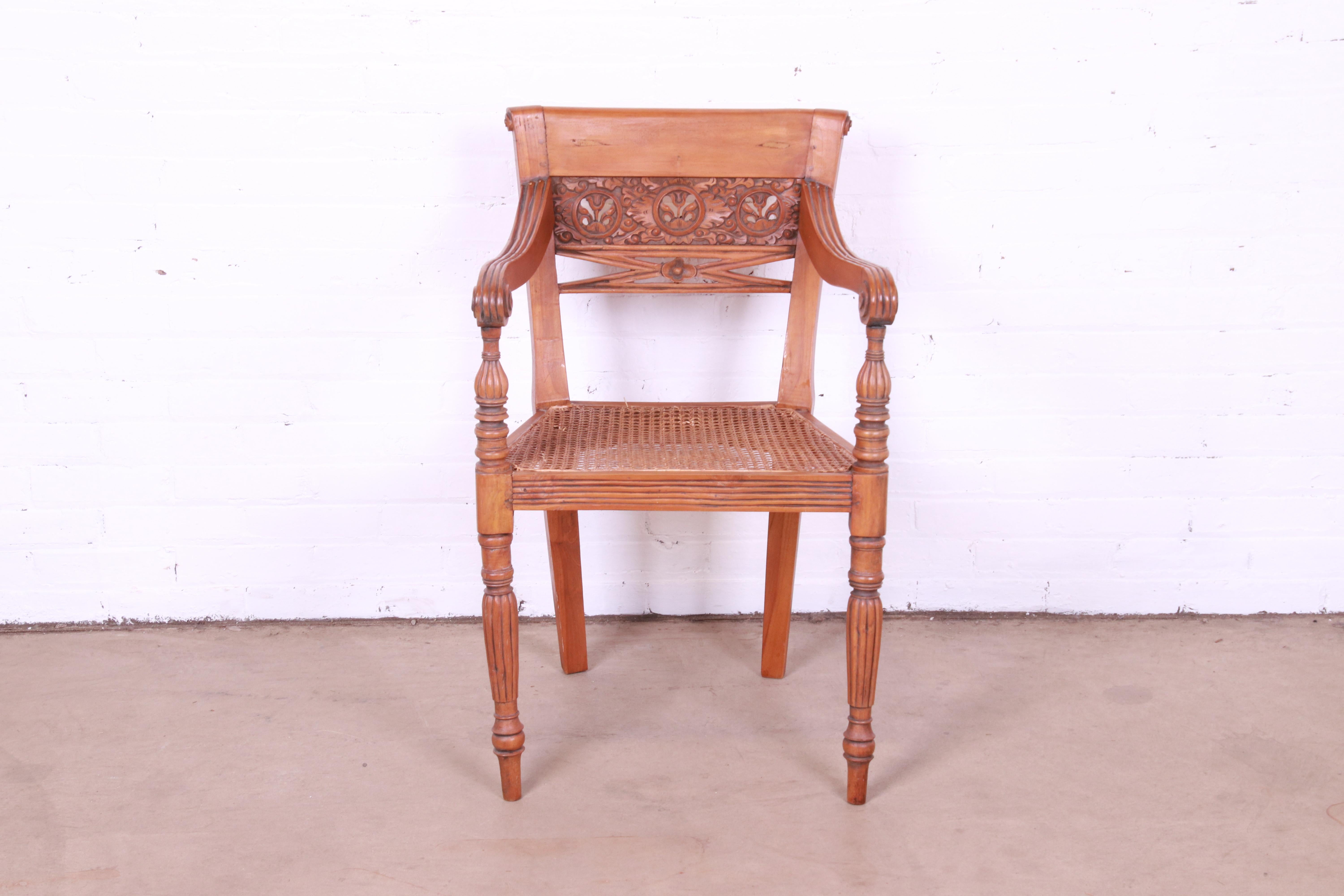 Vintage Regency Carved Walnut and Cane Armchair, Circa 1940s In Good Condition For Sale In South Bend, IN