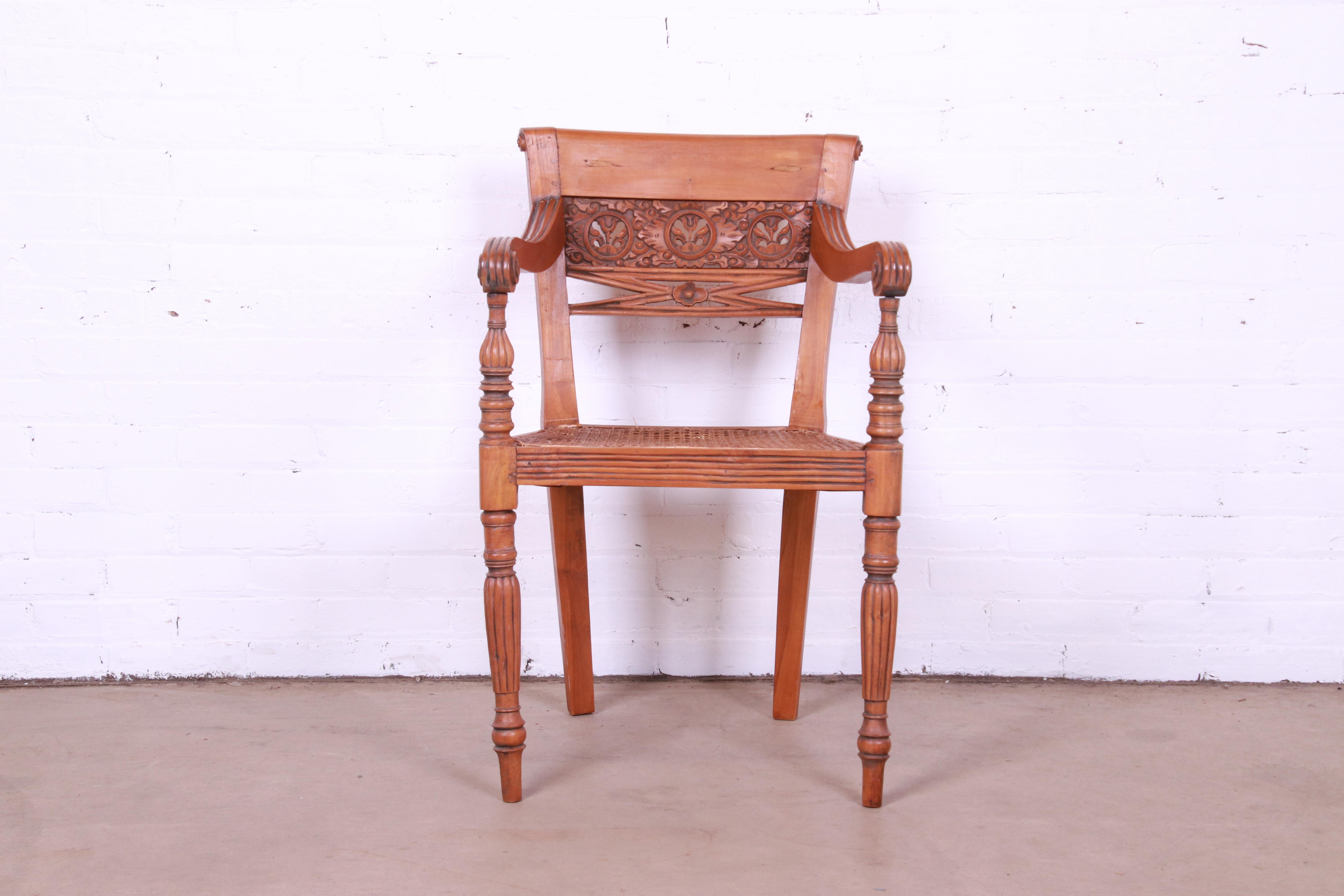 20th Century Vintage Regency Carved Walnut and Cane Armchair, Circa 1940s For Sale