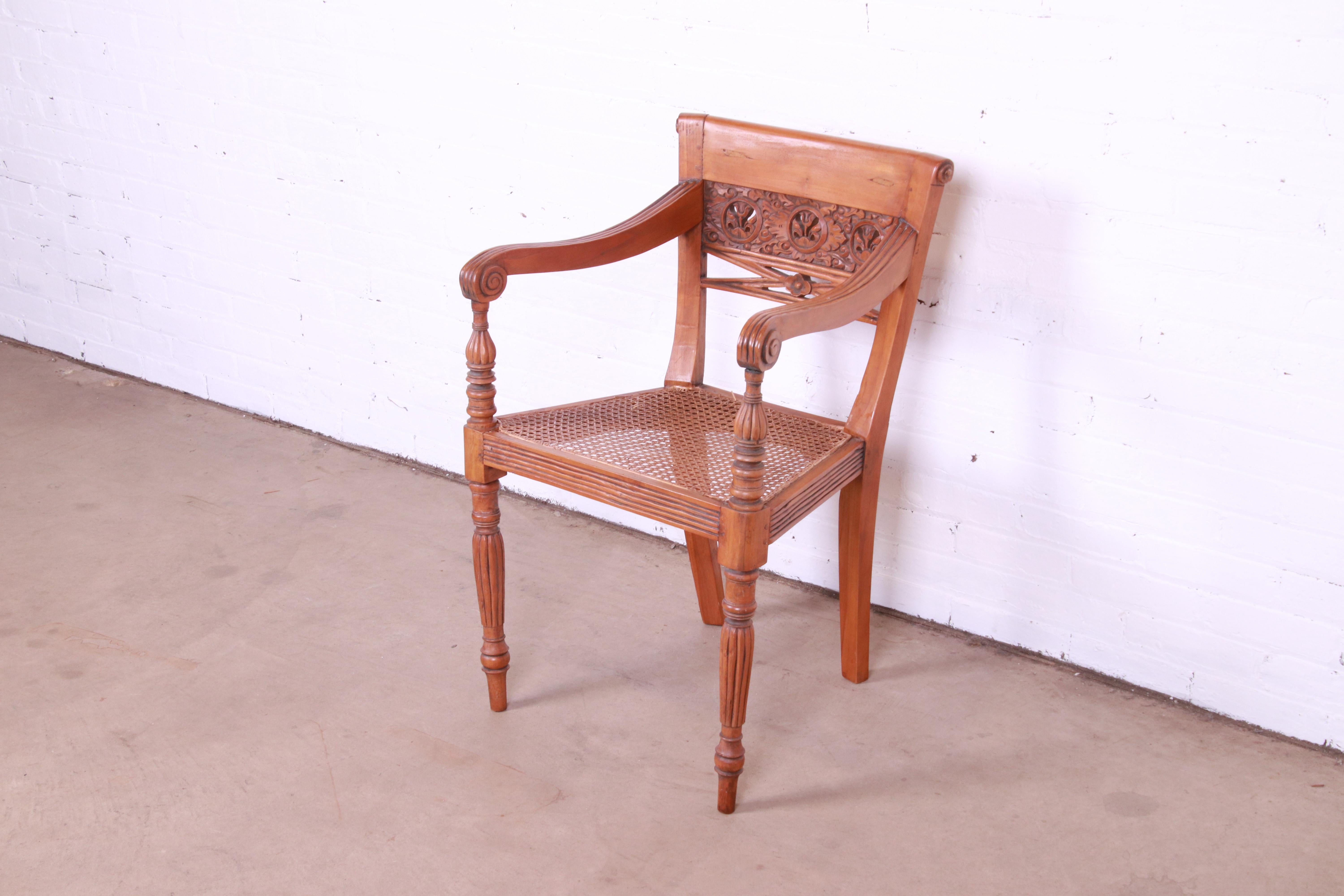 Vintage Regency Carved Walnut and Cane Armchair, Circa 1940s For Sale 1