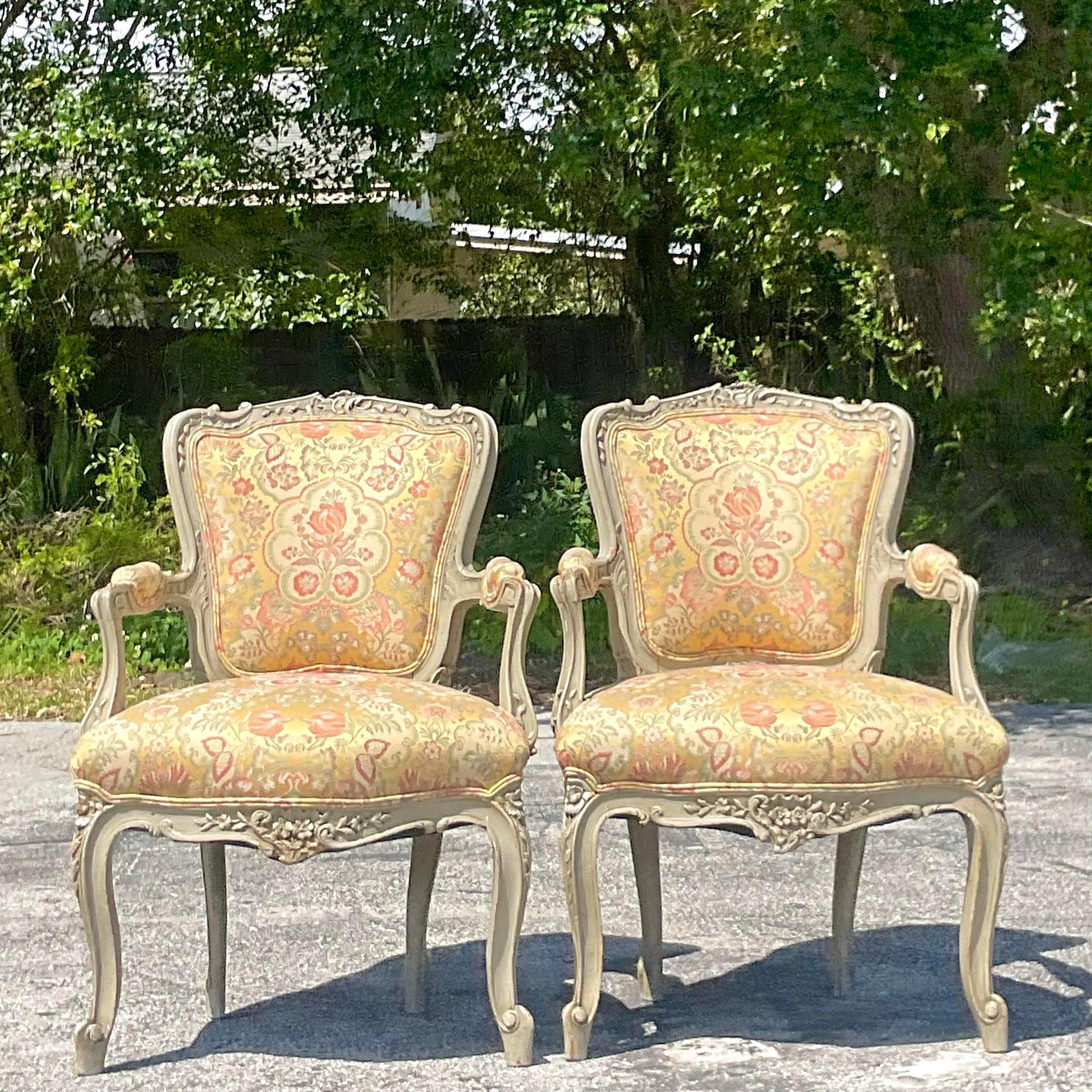 Mid-Century Modern Vintage Regency Carved Wood Bergere Chairs - a Pair