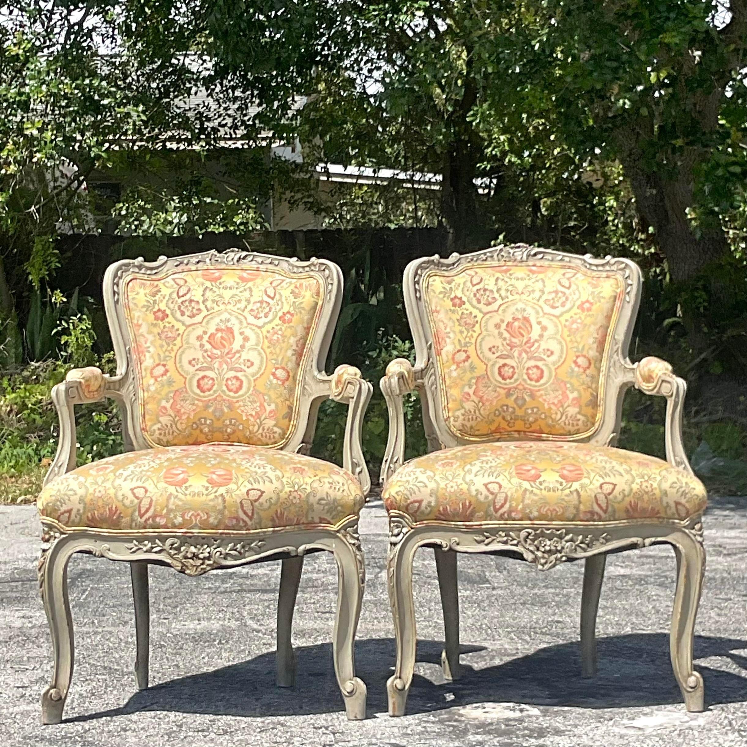 American Vintage Regency Carved Wood Bergere Chairs - a Pair