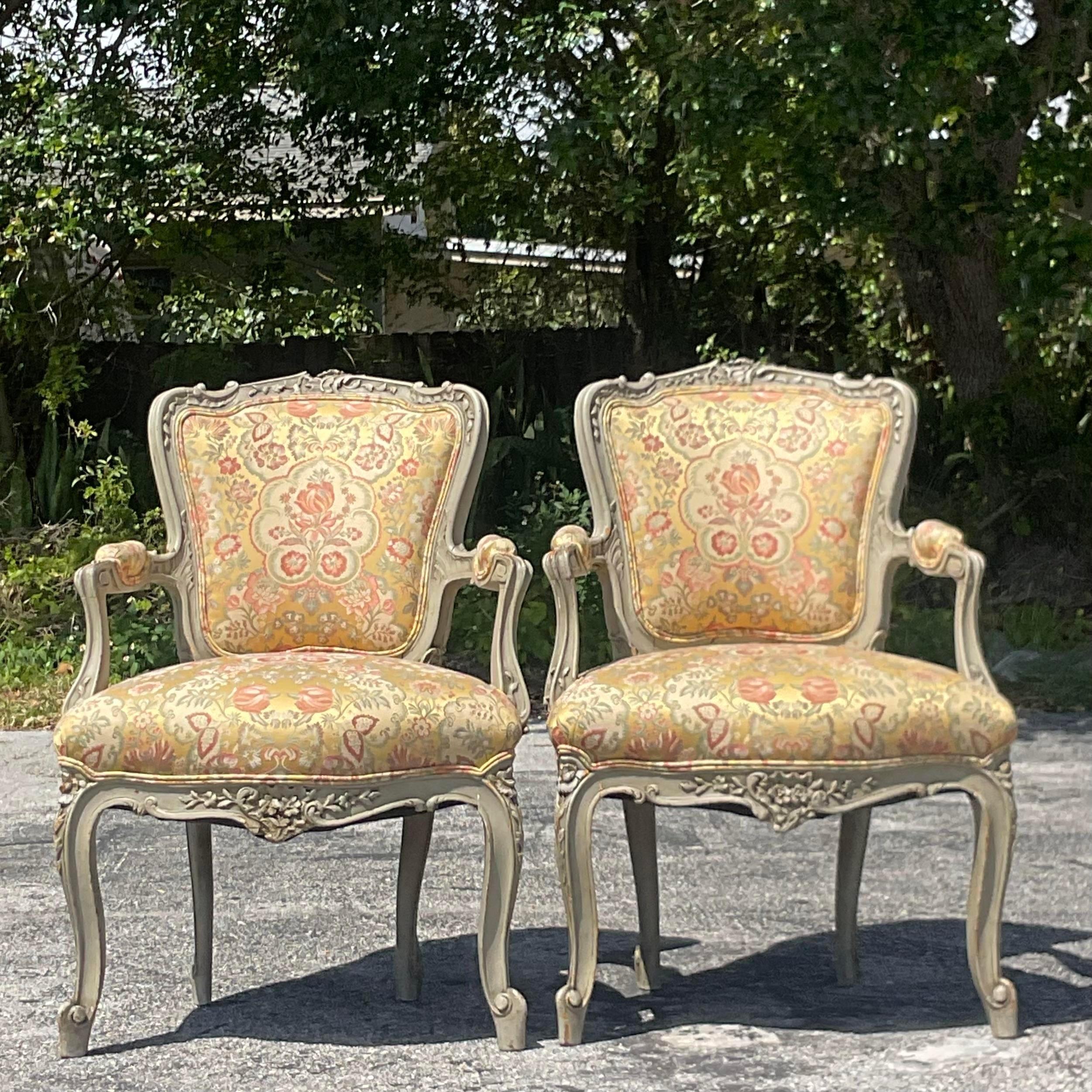 Vintage Regency Carved Wood Bergere Chairs - a Pair In Good Condition In west palm beach, FL