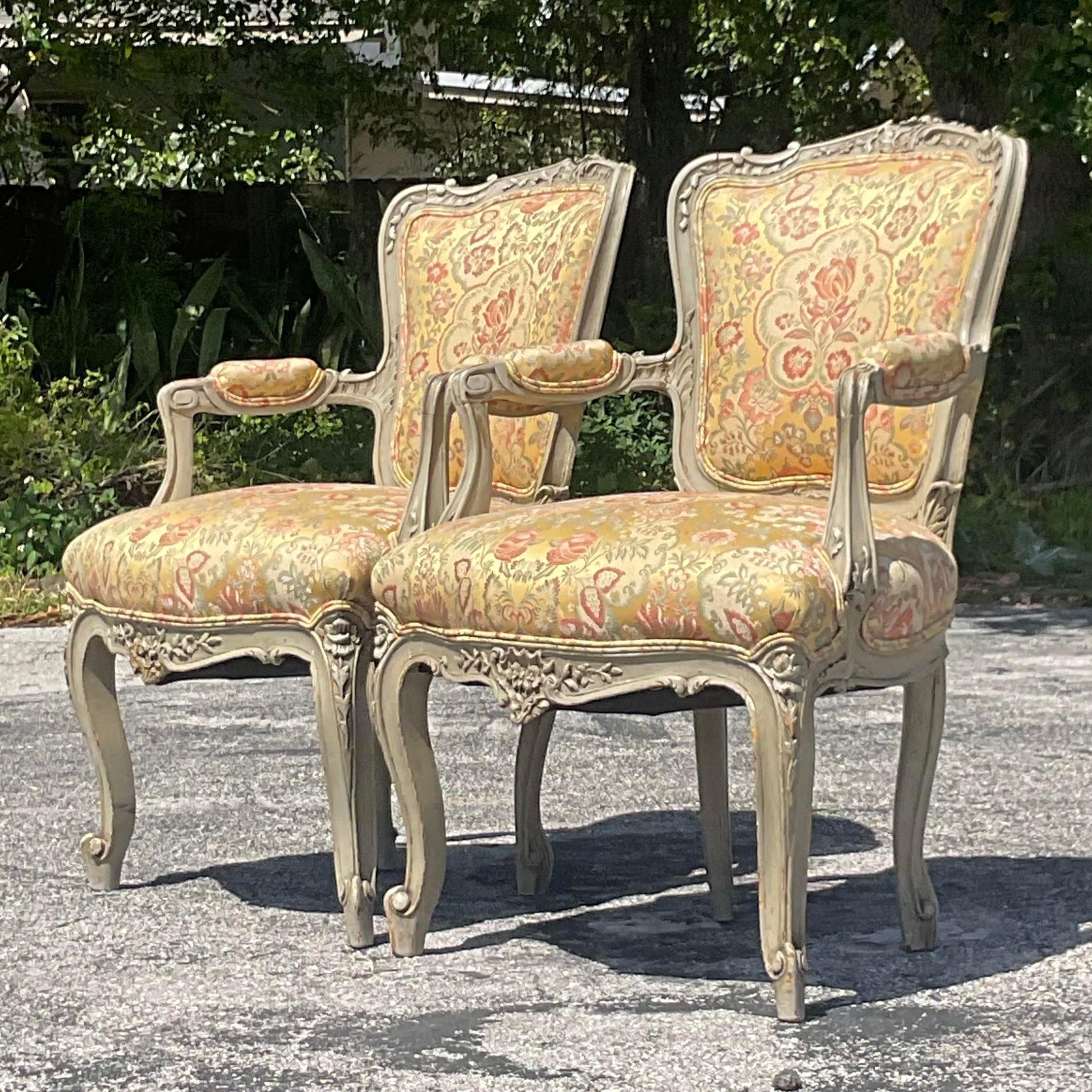 20th Century Vintage Regency Carved Wood Bergere Chairs - a Pair