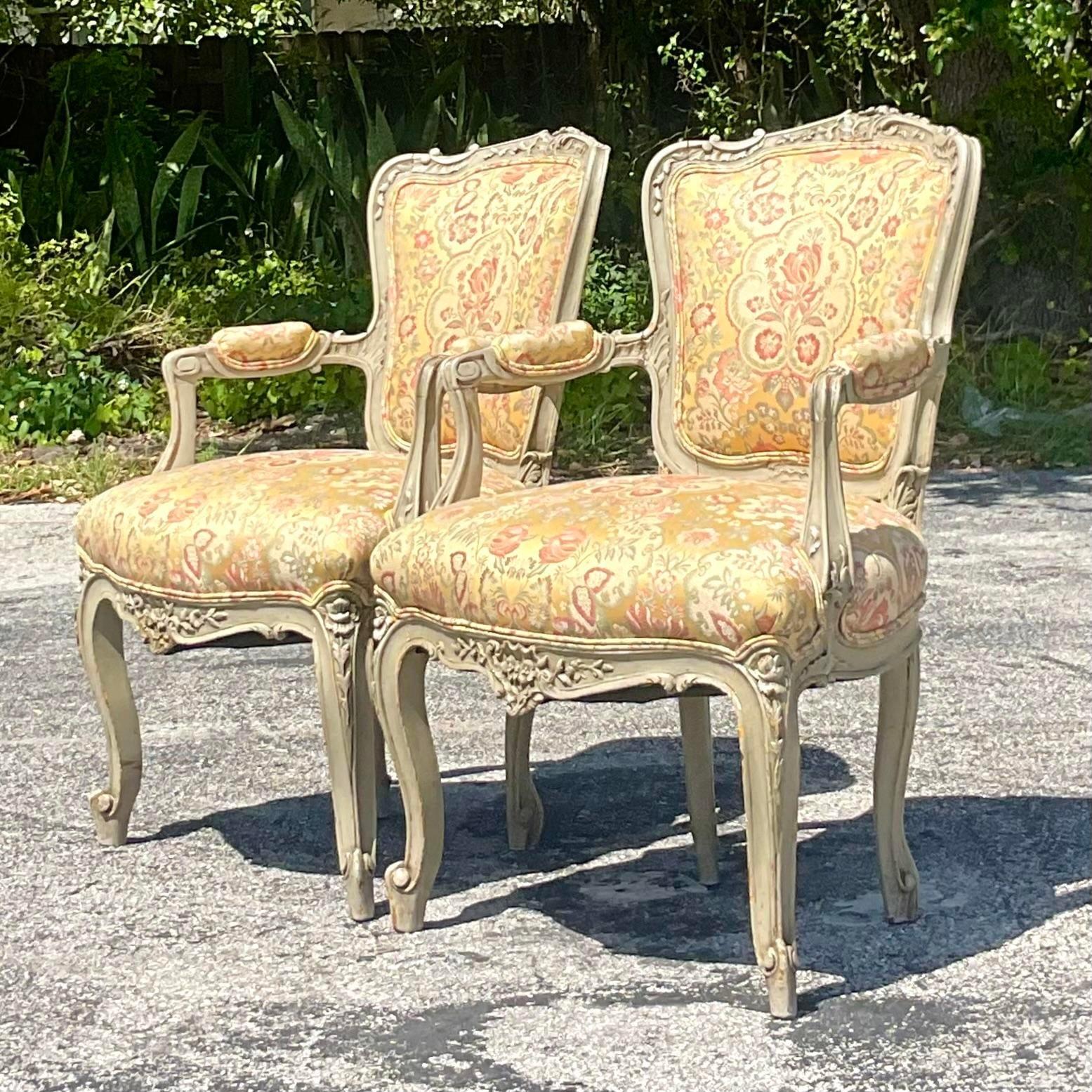 Upholstery Vintage Regency Carved Wood Bergere Chairs - a Pair