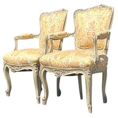 Vintage Regency Carved Wood Bergere Chairs - a Pair