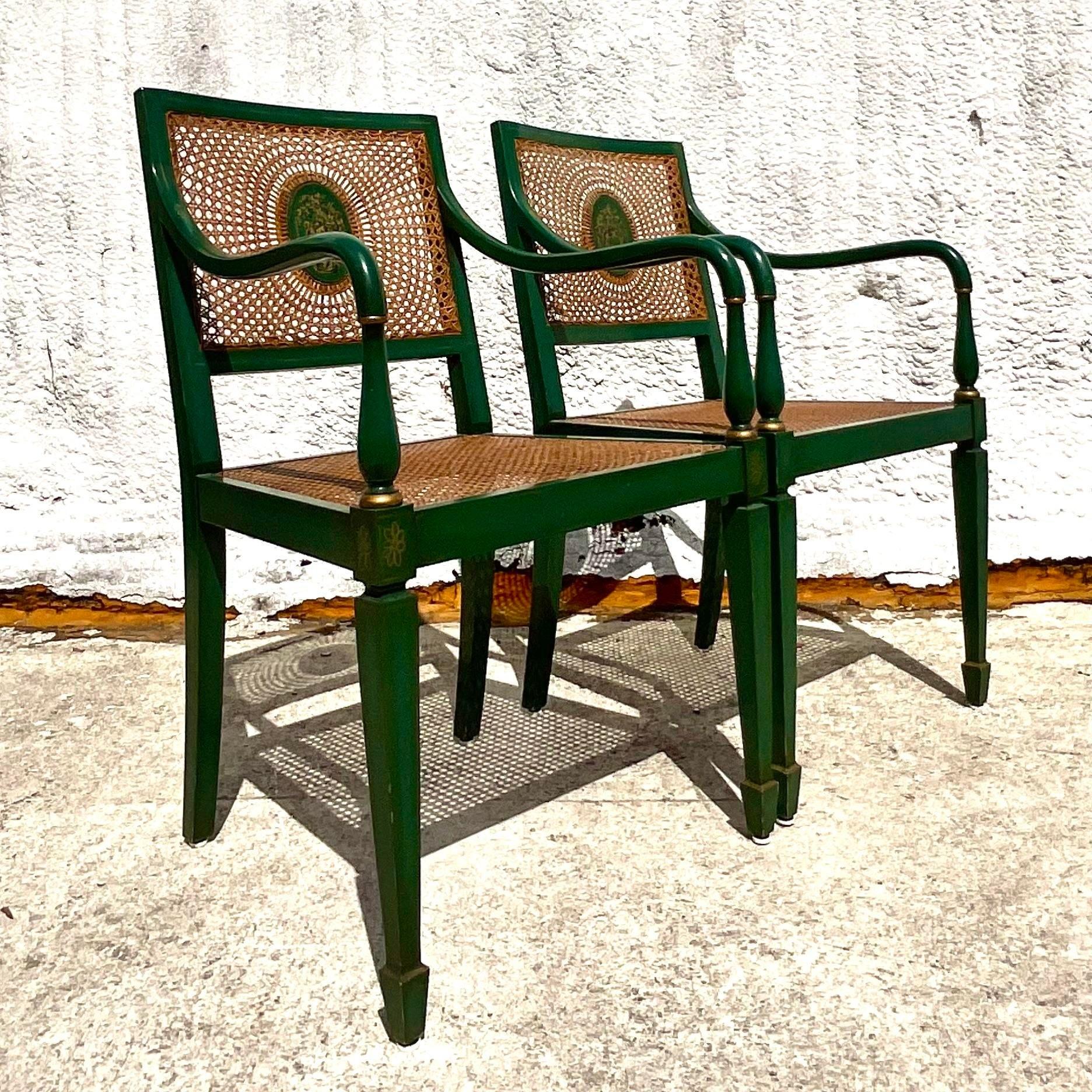 American Vintage Regency Carver Cane Chairs - a Pair