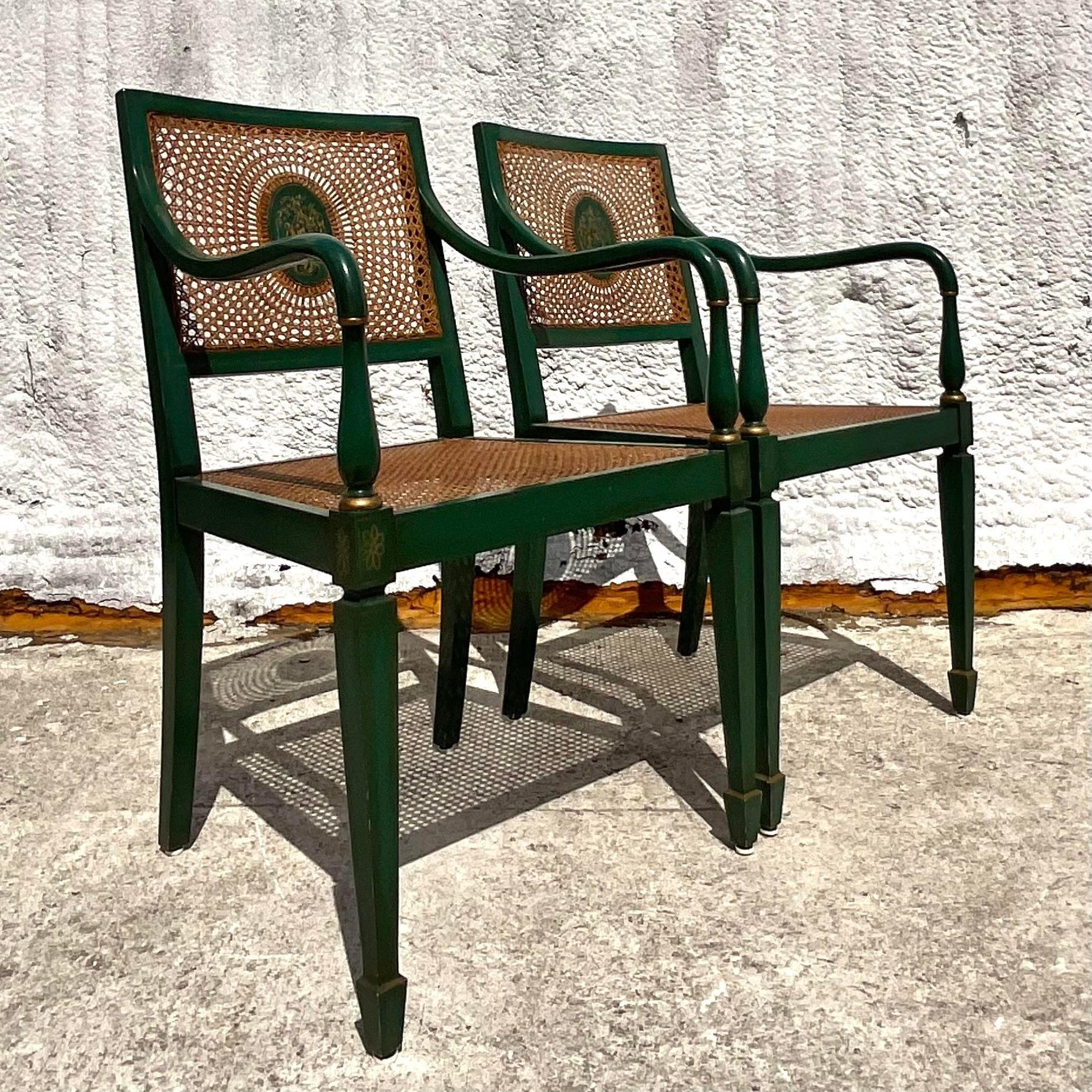 Vintage Regency Carver Cane Chairs - a Pair In Good Condition For Sale In west palm beach, FL