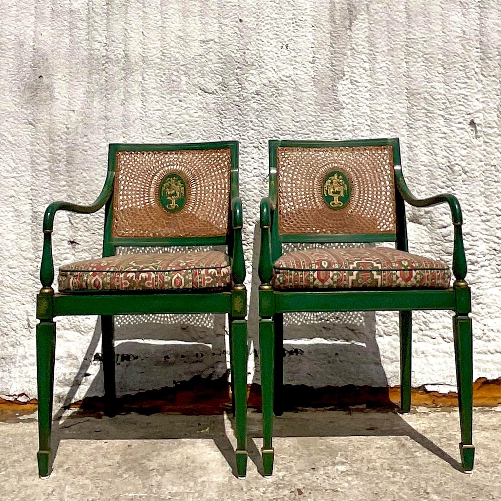 20th Century Vintage Regency Carver Cane Chairs - a Pair