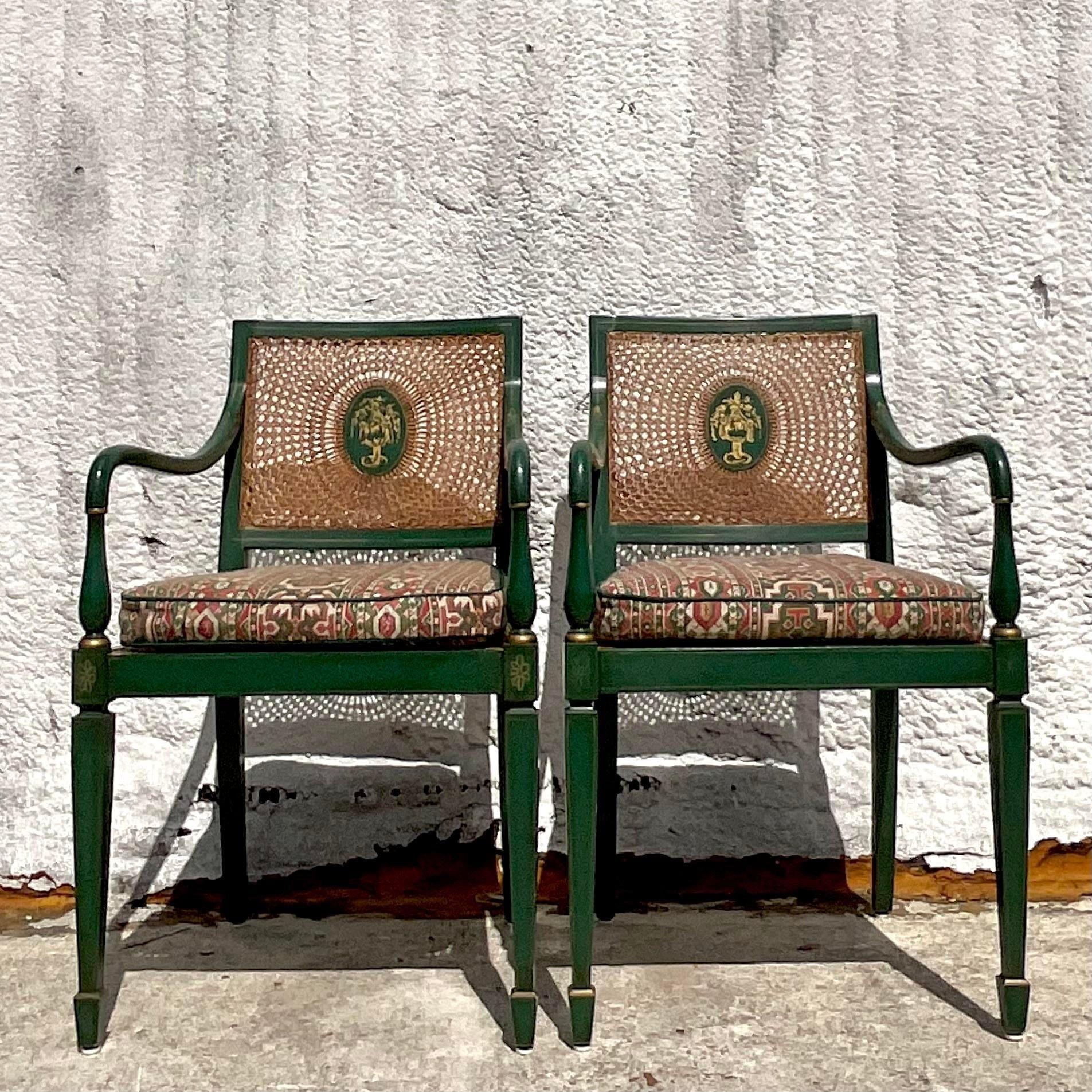 Upholstery Vintage Regency Carver Cane Chairs - a Pair For Sale
