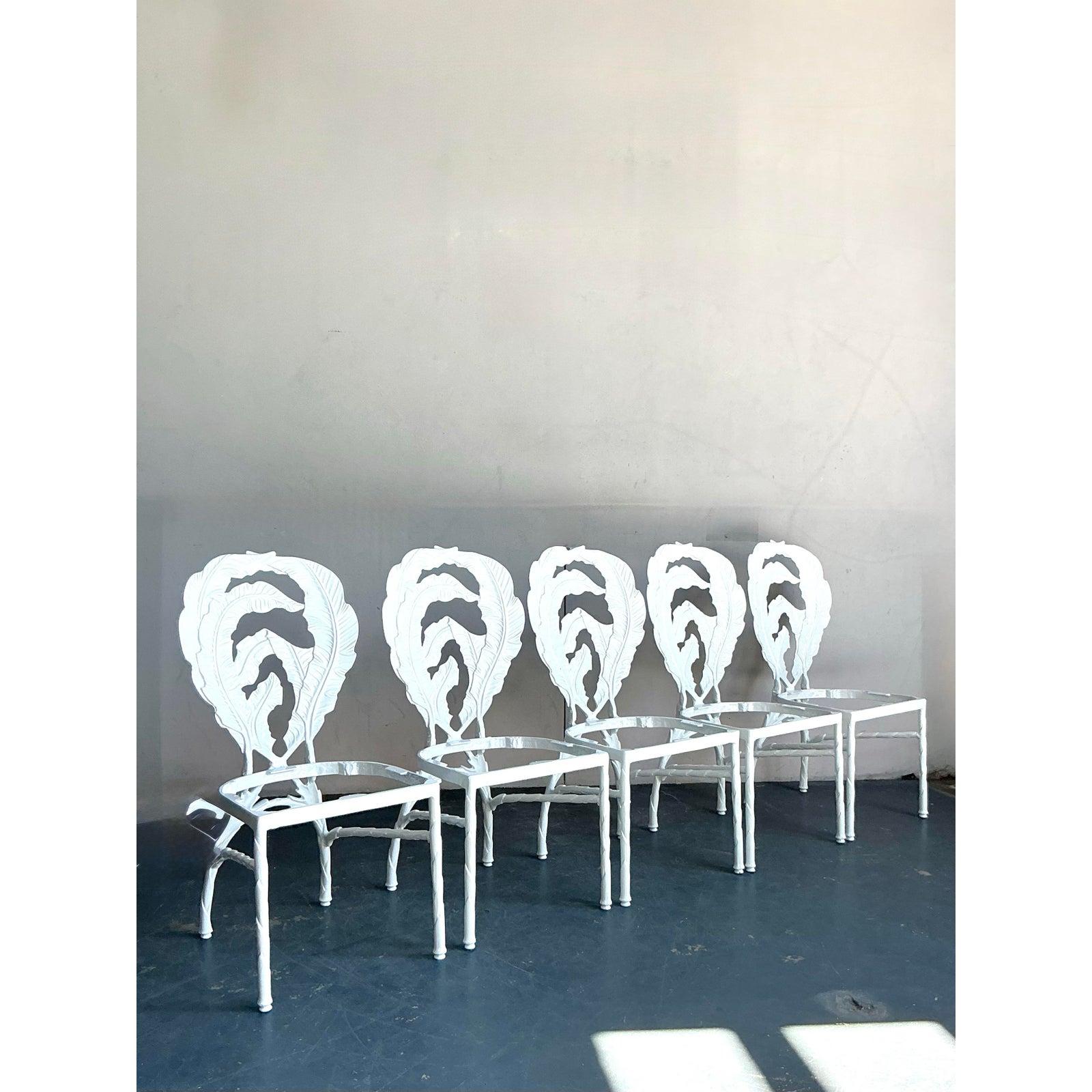 Chinoiserie Vintage Regency Cast Aluminum Banana Leaf Dining Chairs -Set of 5 For Sale