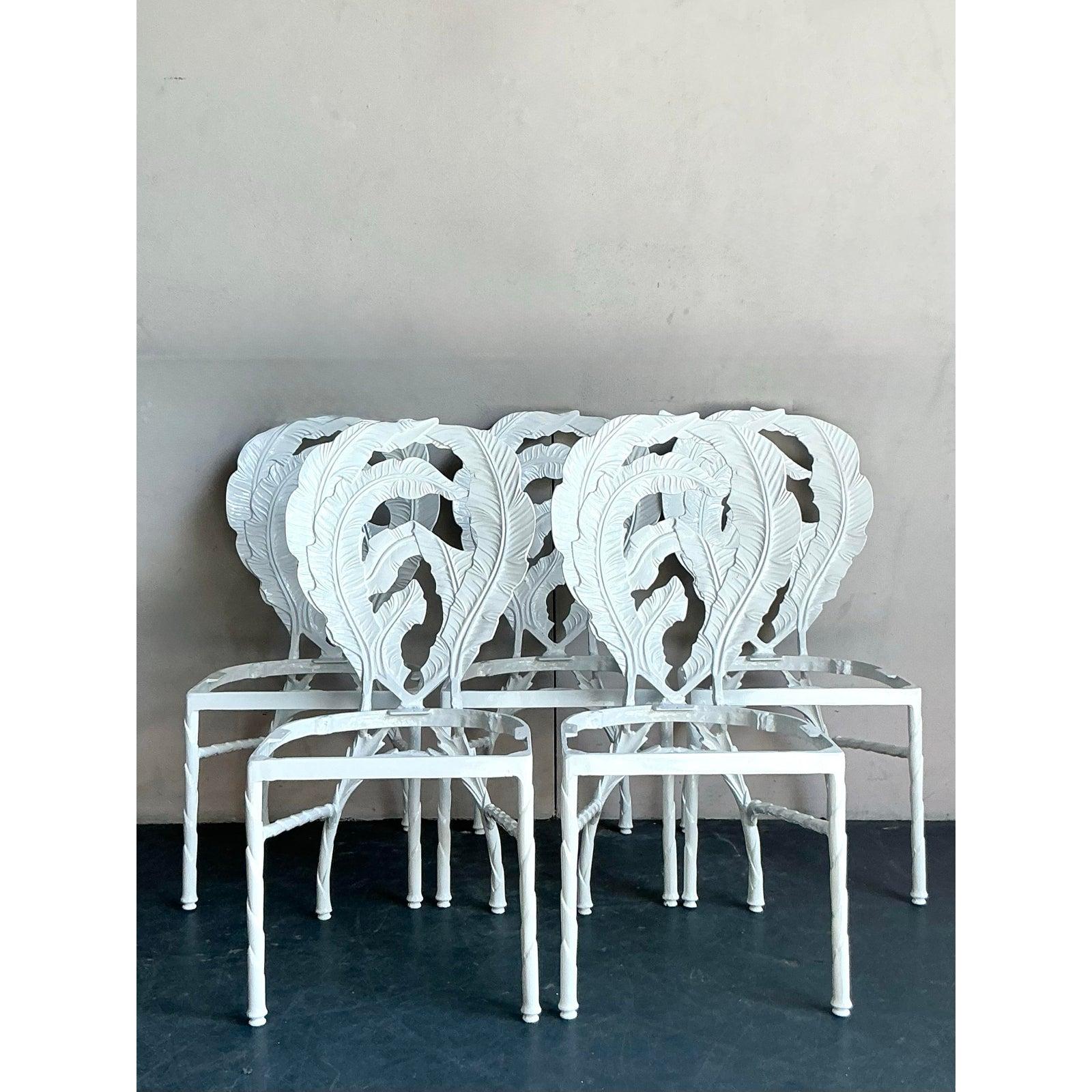 American Vintage Regency Cast Aluminum Banana Leaf Dining Chairs -Set of 5 For Sale