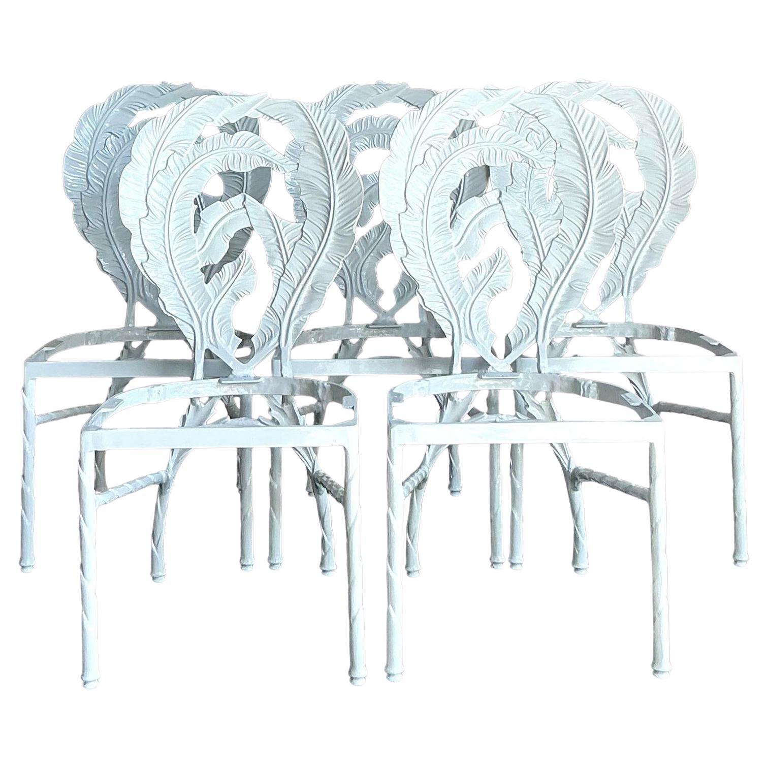 Vintage Regency Cast Aluminum Banana Leaf Dining Chairs -Set of 5 For Sale