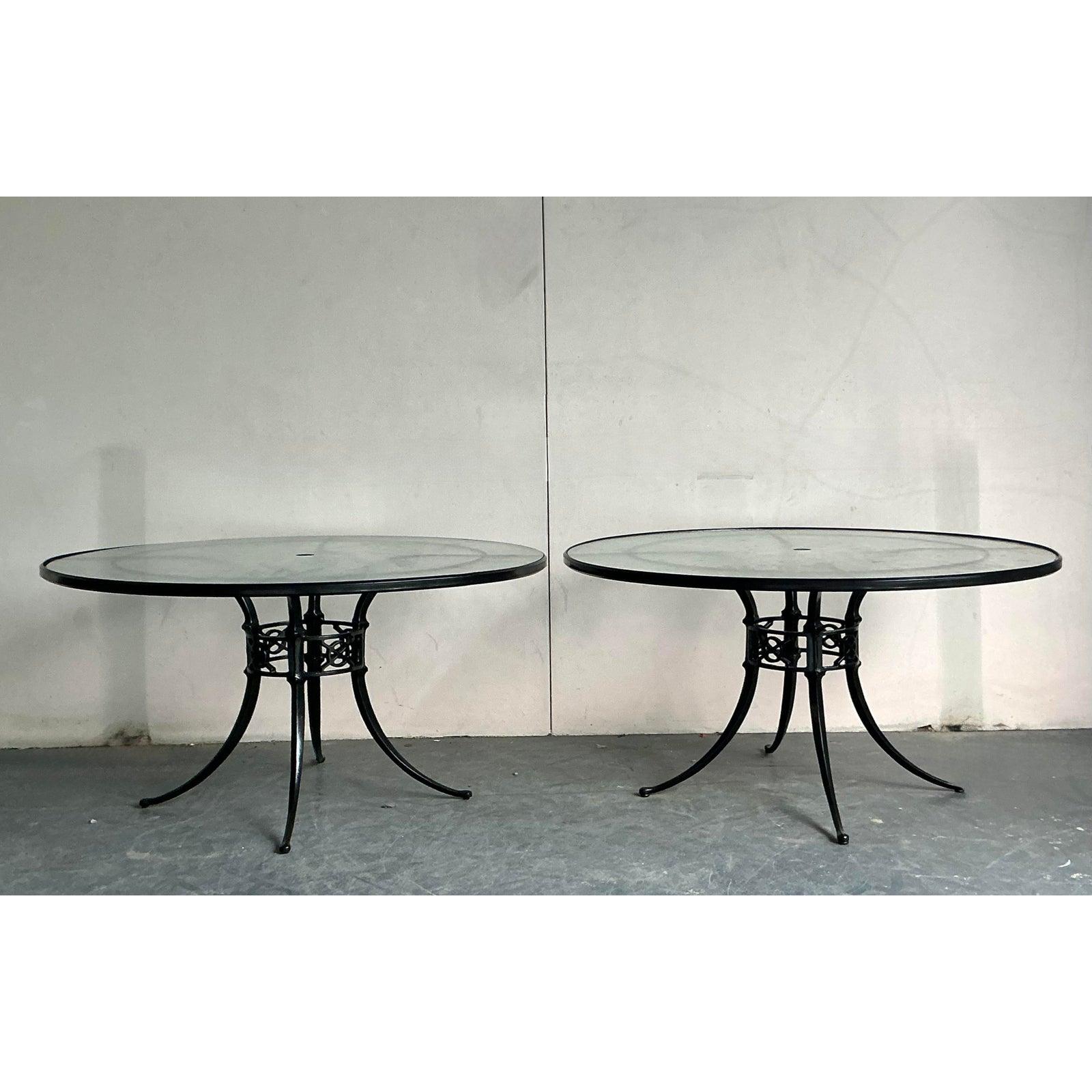 Vintage Regency Cast Aluminum Outdoor Dining Tables - Set of 2 In Good Condition For Sale In West Palm Beach, FL