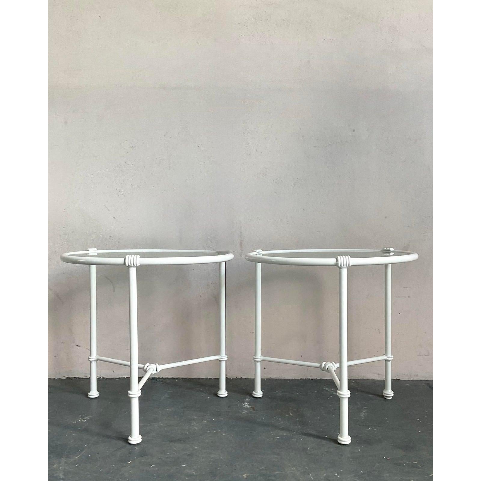 20th Century Vintage Regency Cast Aluminum Outdoor Scroll Side Tables - A Pair For Sale