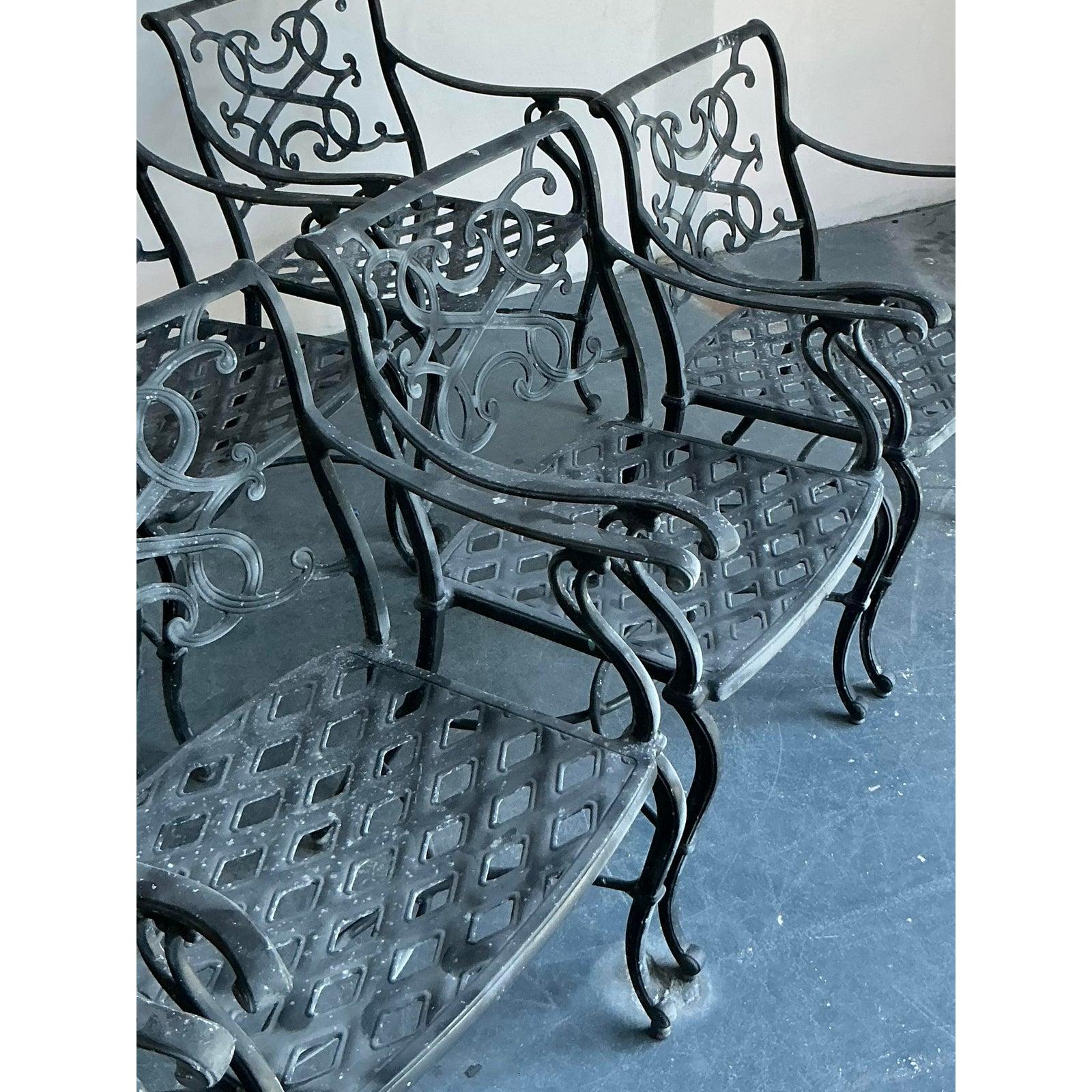 Vintage Regency Cast Aluminum Scroll Dining Chairs - Set of 8 In Good Condition For Sale In West Palm Beach, FL