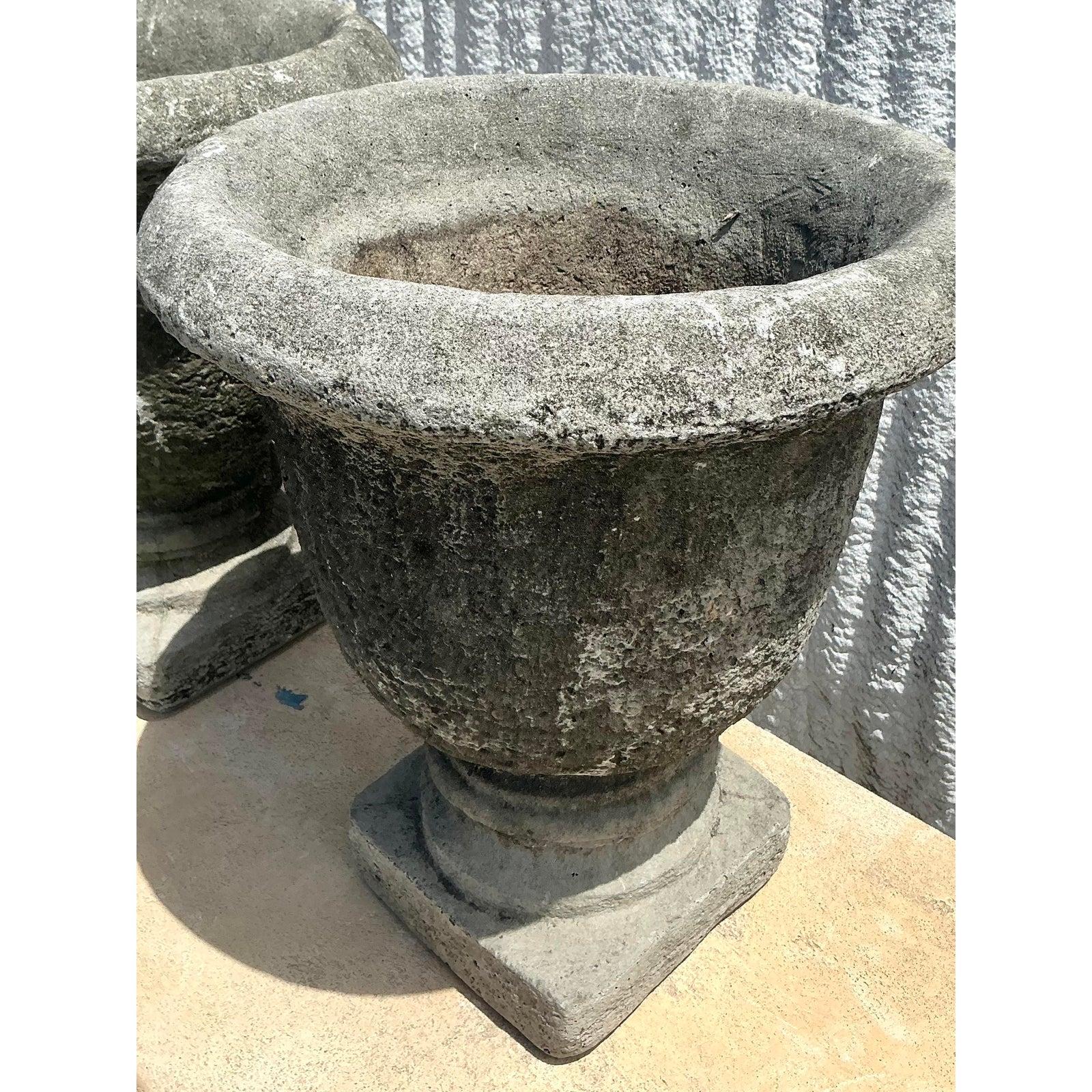 Vintage Regency Cast Cement Planters - A Pair In Good Condition For Sale In West Palm Beach, FL