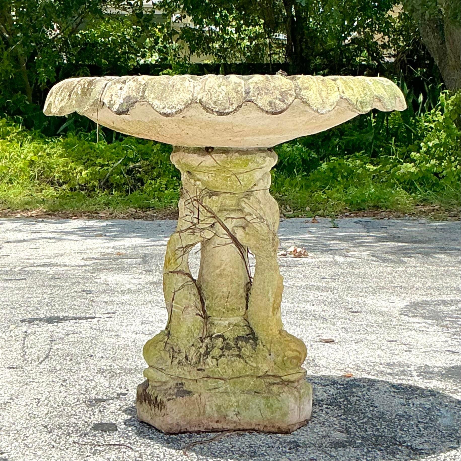 Vintage Regency Cast Concrete Dolphin Birdbath In Good Condition In West Palm Beach, FL