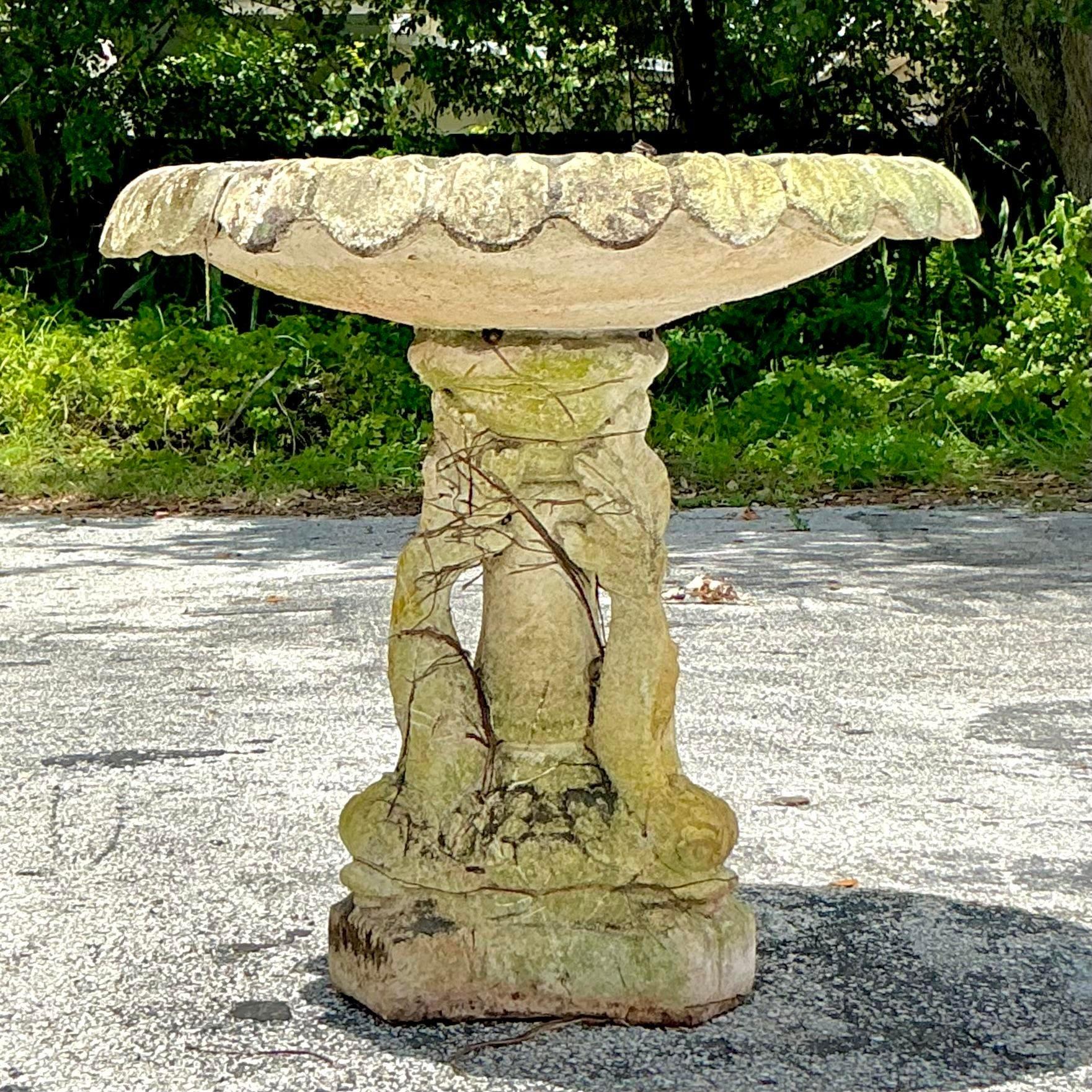 20th Century Vintage Regency Cast Concrete Dolphin Birdbath