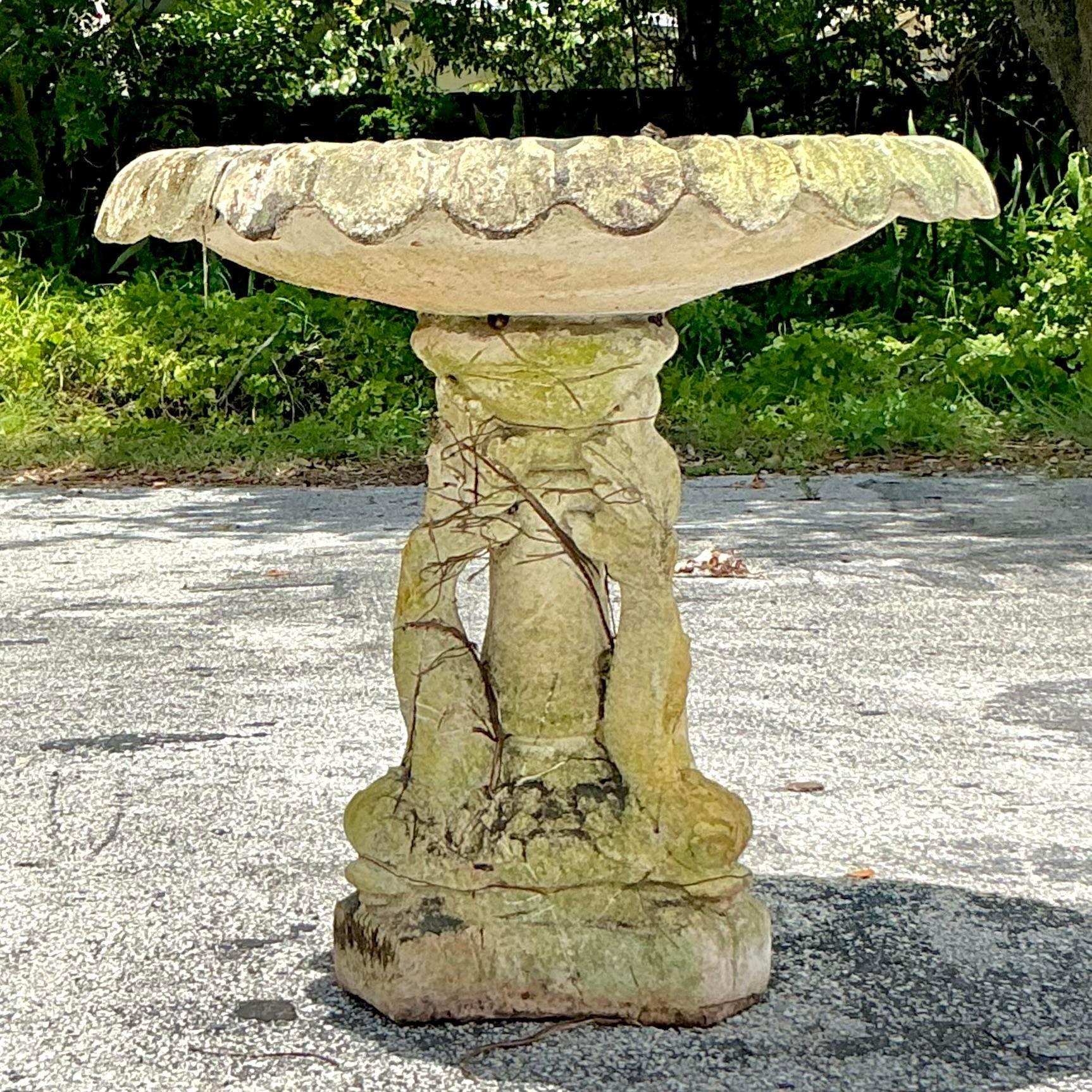 Vintage Regency Cast Concrete Dolphin Birdbath 1