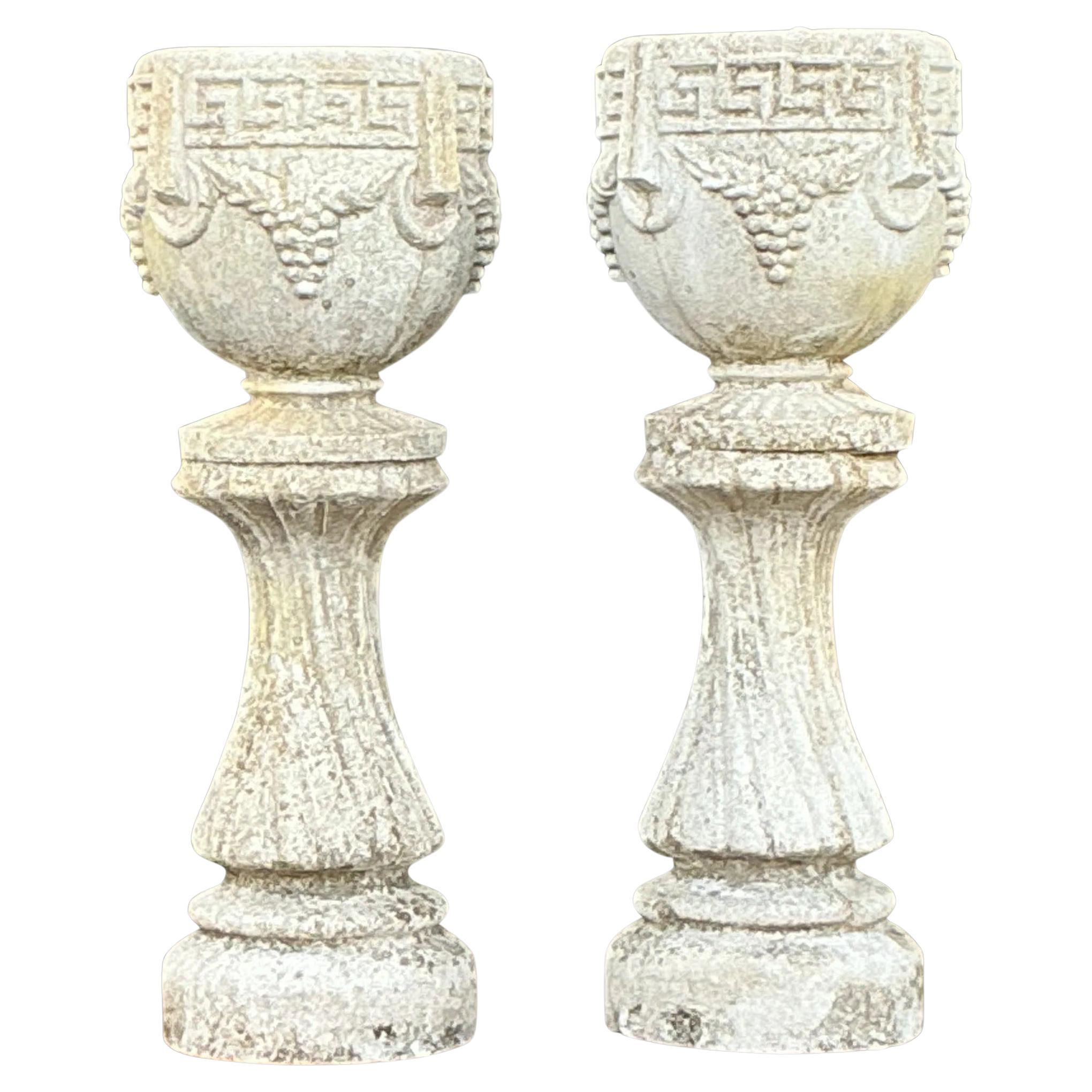 Vintage Regency Cast Concrete Grapevine Planters on Pedestals - a Pair