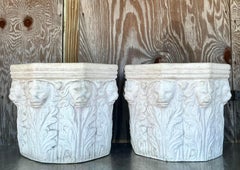 Vintage Regency Cast Concrete Lions Head Planters - Set of 2