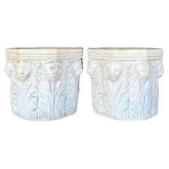 Vintage Regency Cast Concrete Lions Head Planters - Set of 2