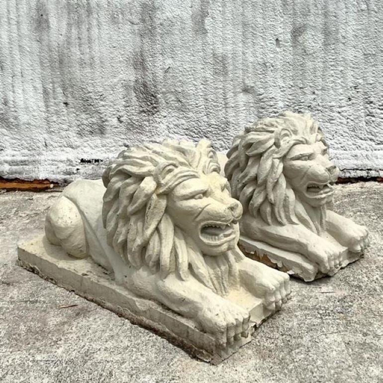 Vintage Regency Cast Concrete Lions - Set of 2 In Good Condition For Sale In west palm beach, FL