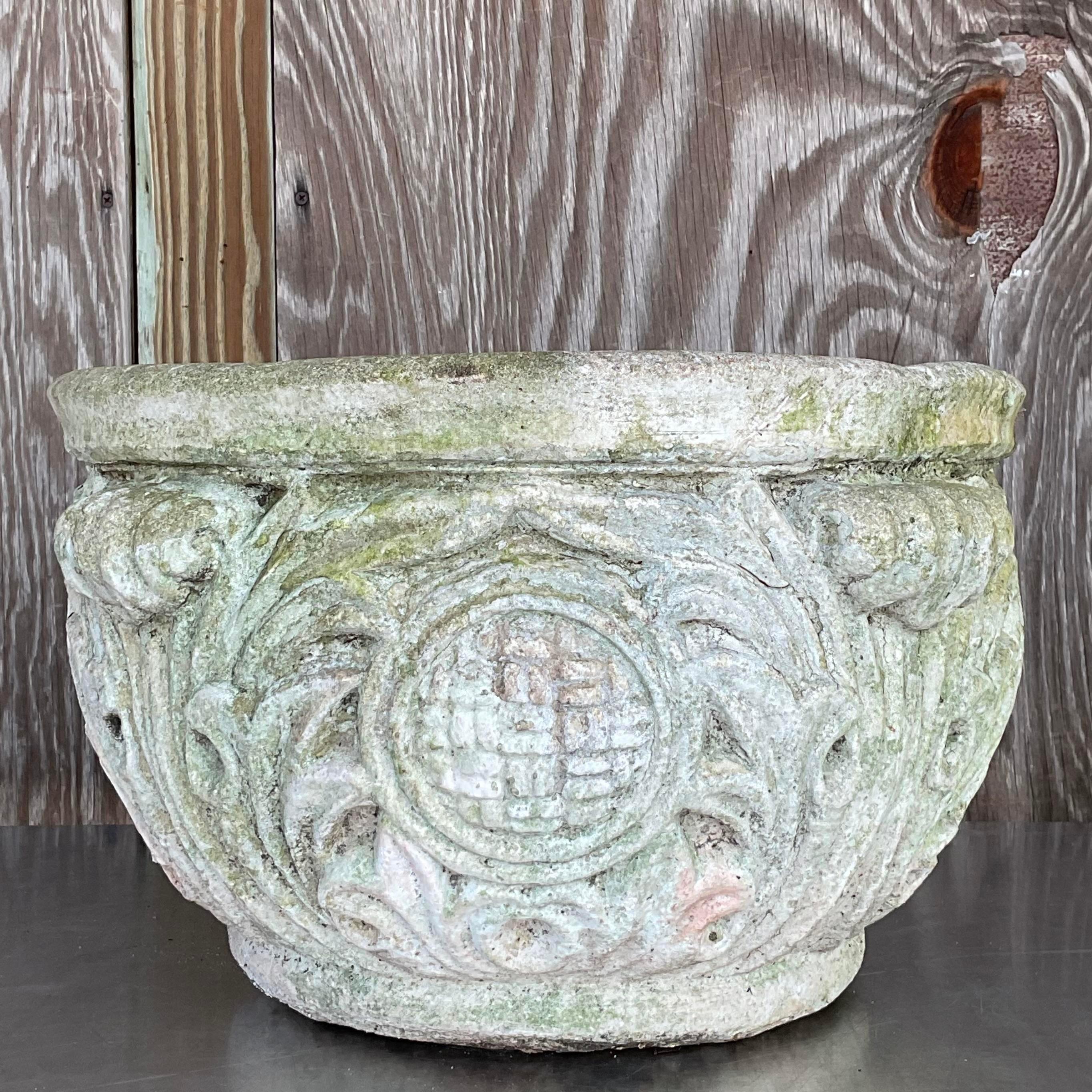 Vintage Regency Cast Concrete Medallion Planter, featuring a detailed medallion design and sturdy construction. A classic piece that adds sophistication and durability to any garden or patio.