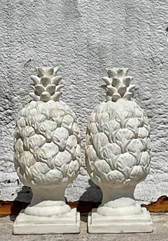 Vintage Regency Cast Concrete Pineapple Statues - a Pair