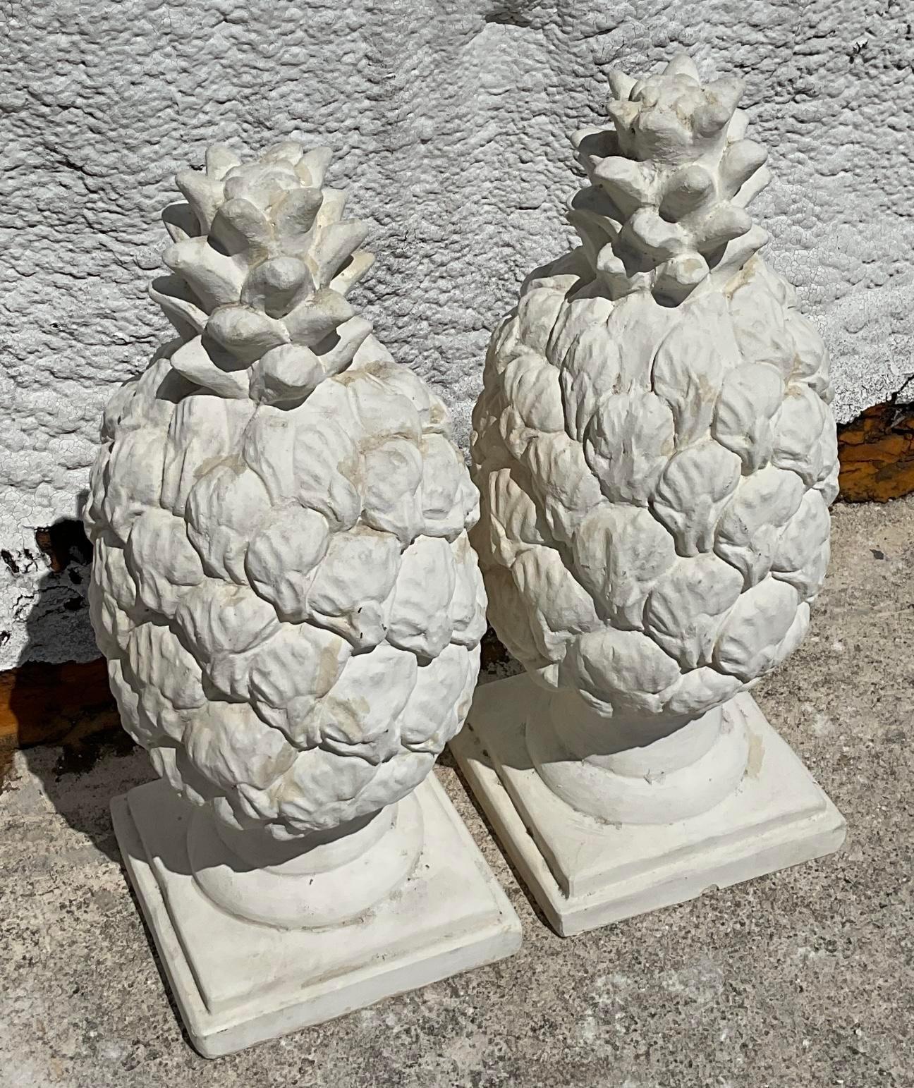 American Vintage Regency Cast Concrete Pineapple Statues - a Pair For Sale