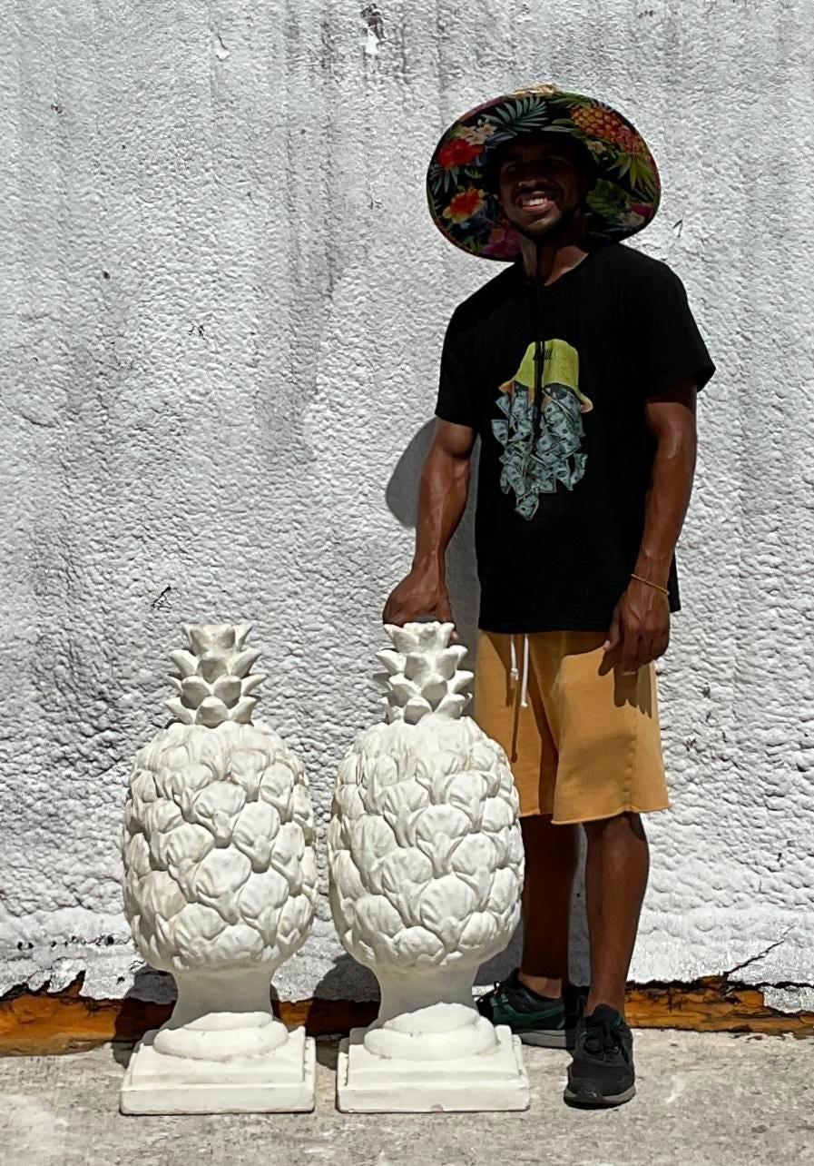 Vintage Regency Cast Concrete Pineapple Statues - a Pair In Good Condition For Sale In west palm beach, FL