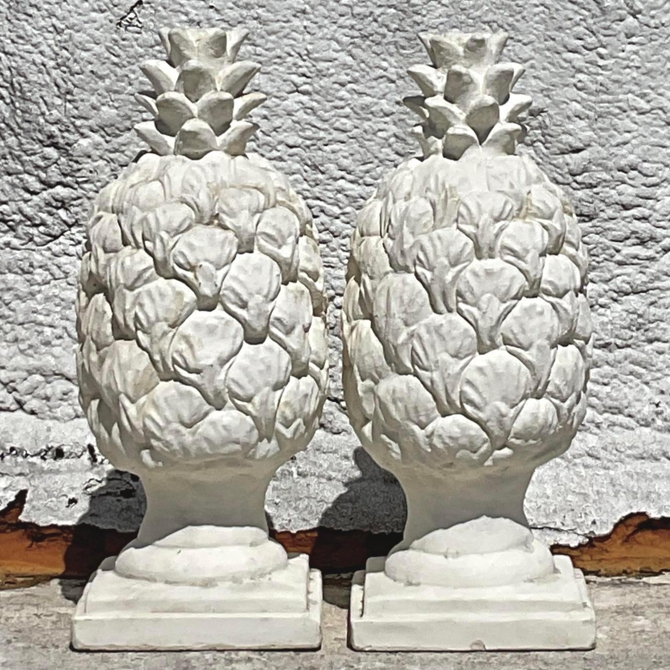 Vintage Regency Cast Concrete Pineapple Statues - a Pair For Sale 2
