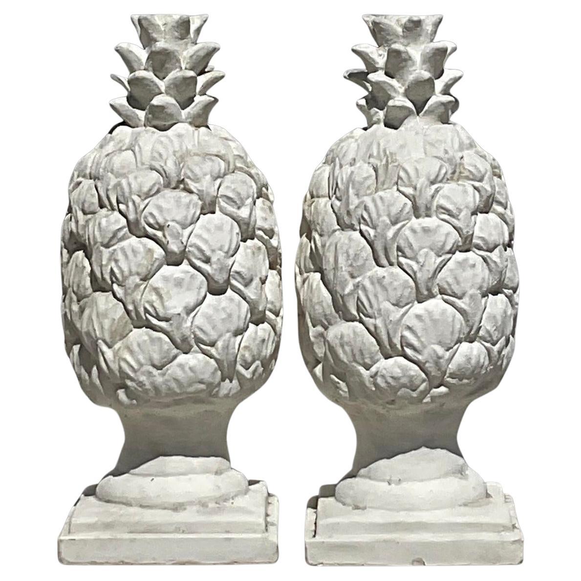 Vintage Regency Cast Concrete Pineapple Statues - a Pair For Sale