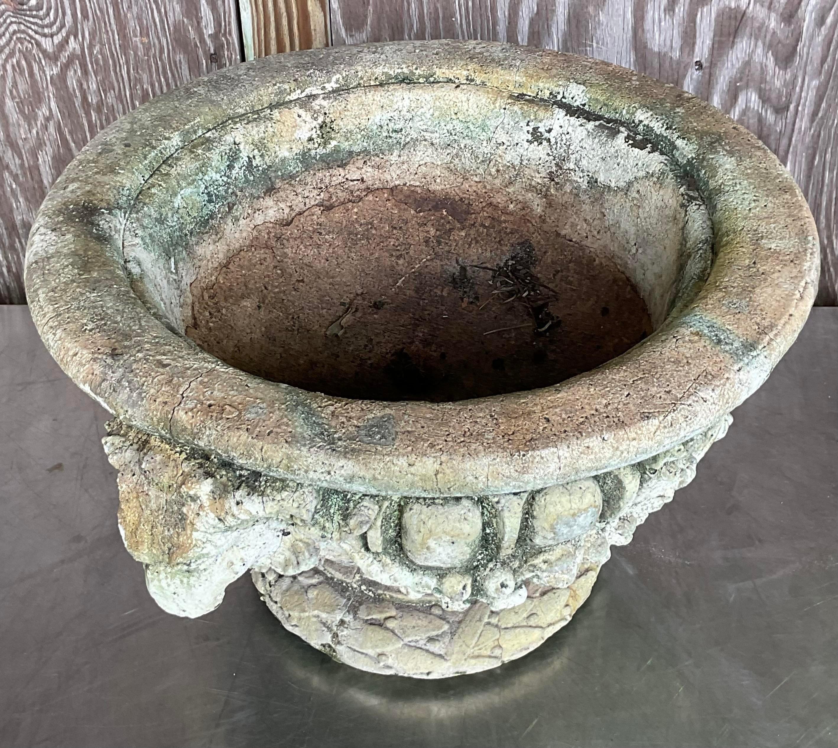Vintage Regency Cast Concrete Swag Rams Head Planter In Good Condition In West Palm Beach, FL