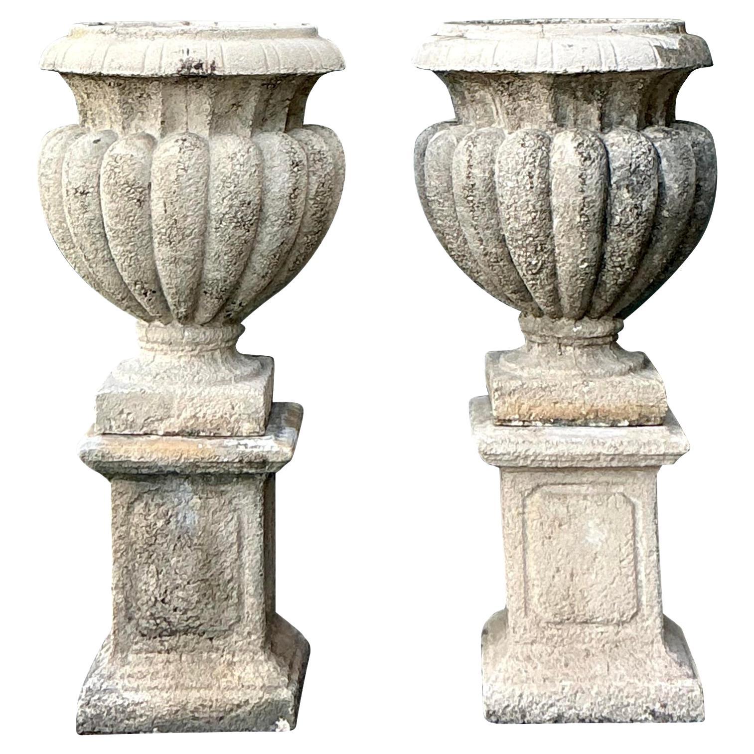 Vintage Regency Cast Concrete Urns on Pedestals - A Pair