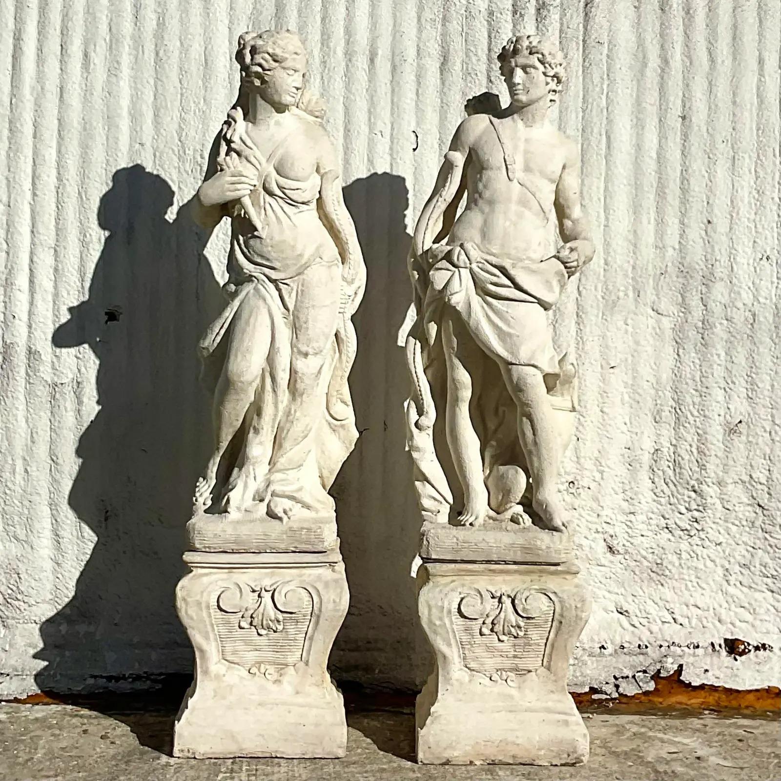 Vintage Regency Cast Stone Garden Statues, a Pair In Good Condition In west palm beach, FL