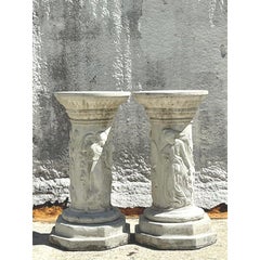 Vintage Regency Cast Stone Relief Pedestals - A Pair