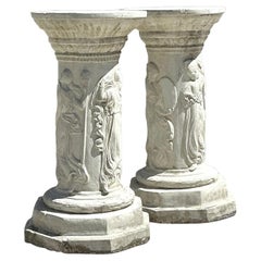 Vintage Regency Cast Stone Relief Pedestals - A Pair